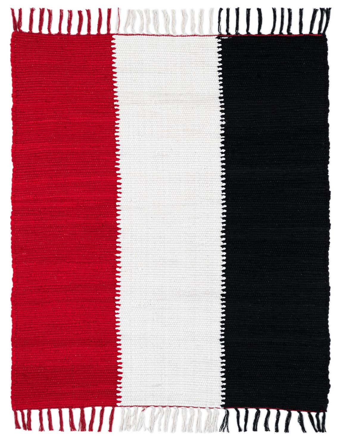 A 3x5 rectangular Chindi Cotton rug featuring bold vertical stripes in red, white, and black with fringed ends.