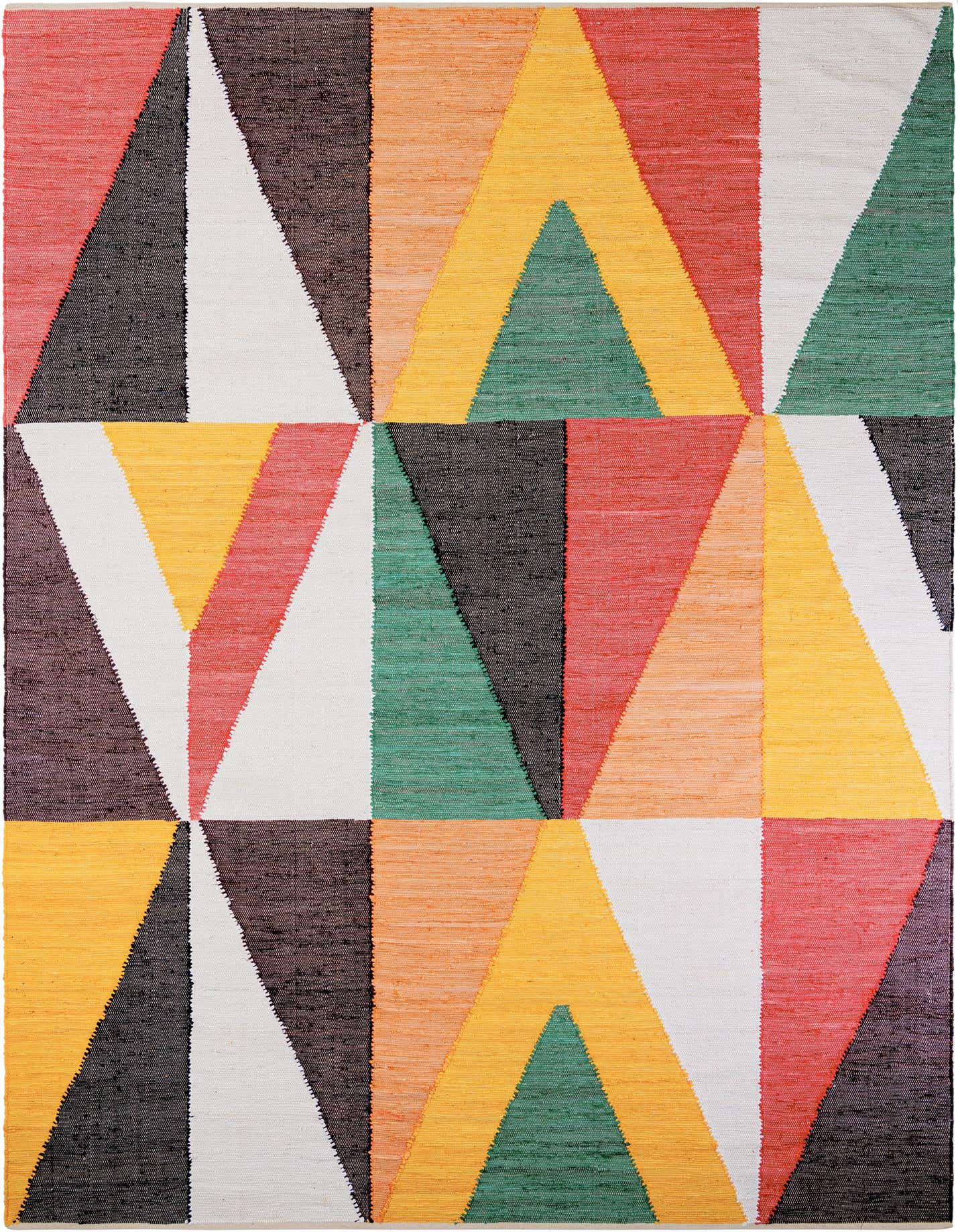 A 10x14 rectangular multi-colored Chindi Cotton rug with a bold contemporary geometric pattern of triangles in red, orange, yellow, green, black, and white.