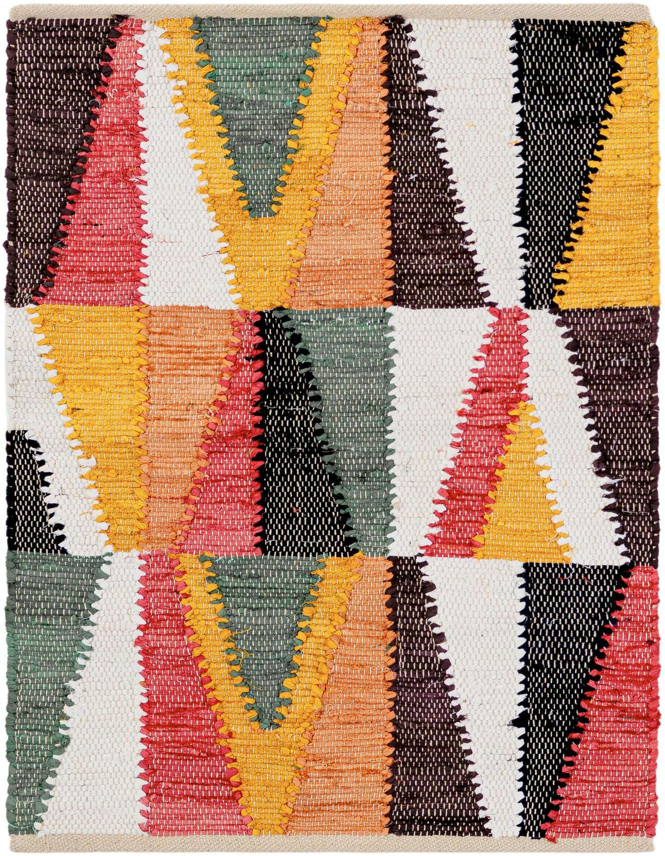 A 2x3 multi-colored rectangular Chindi cotton rug with a modern abstract pattern, featuring various shades of red, orange, yellow, green, black, brown, and white.