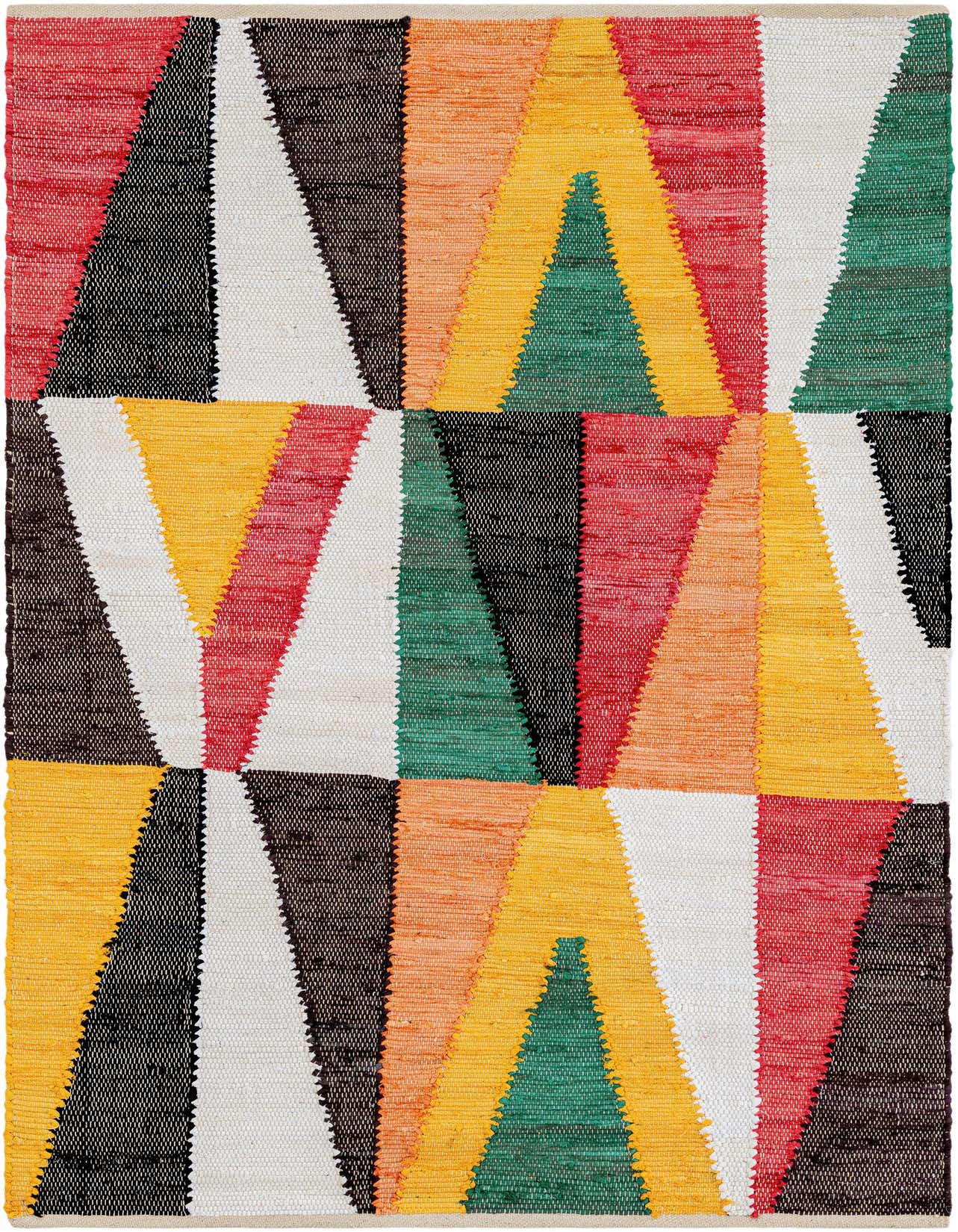 A 4x6 multi-colored rectangular Chindi Cotton rug with a modern abstract geometric pattern in red, orange, yellow, green, black, and white.