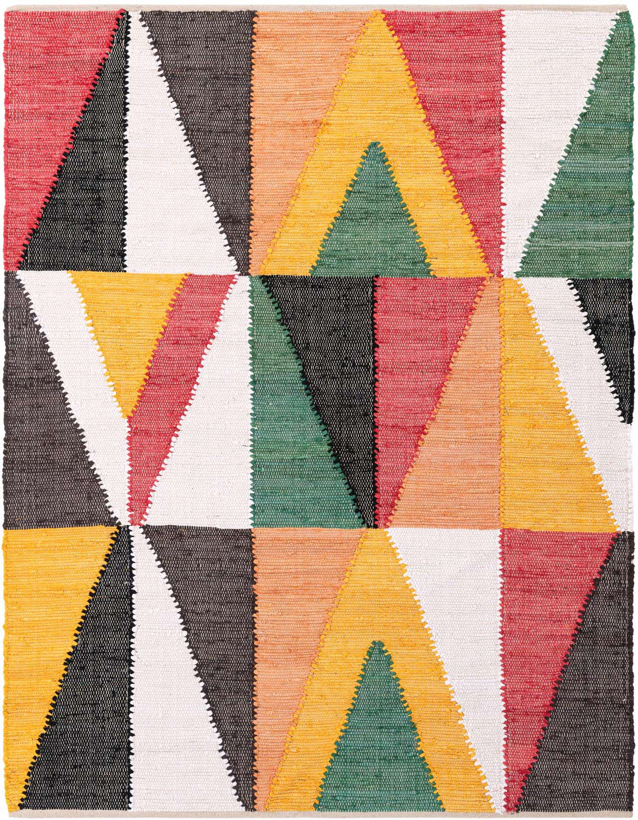 A vibrant 5x8 multi-colored rectangular Chindi Cotton rug featuring a modern abstract geometric pattern of triangles in red, orange, yellow, green, black, and white.