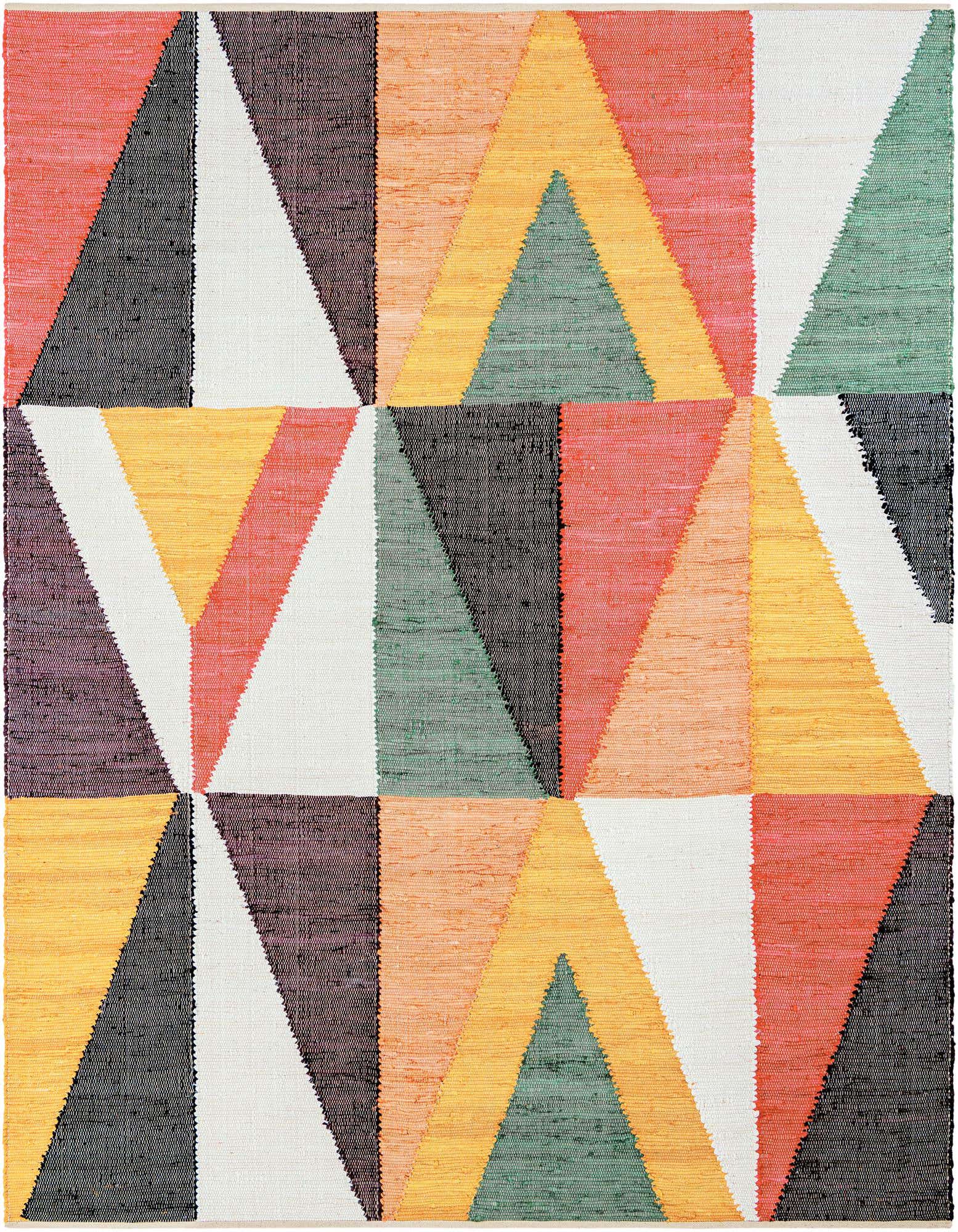 A vibrant 8x10 multi-colored cotton flatweave rug with a modern abstract geometric pattern of triangles in red, orange, yellow, green, black, and white.