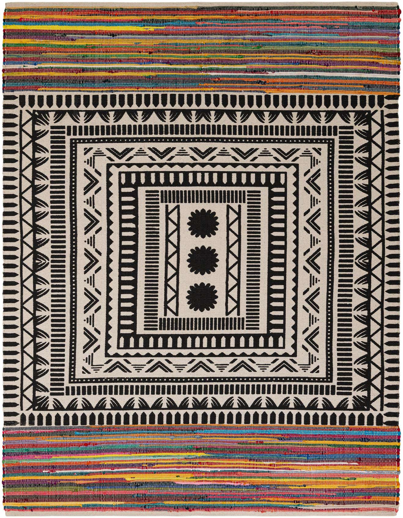 A 6x9 rectangular Chindi Cotton rug featuring a bold black and white abstract pattern with vibrant multi-colored striped borders.