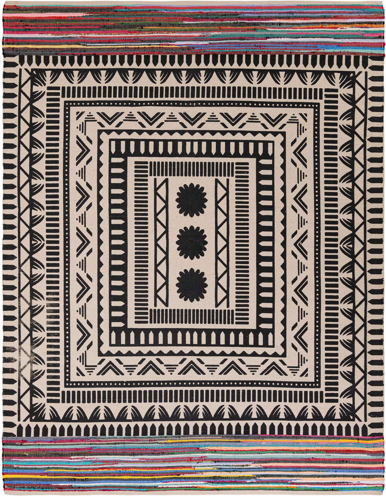 A rectangular 8x10 multi-colored Chindi Cotton rug with a black and beige geometric medallion pattern in the center and colorful striped borders.