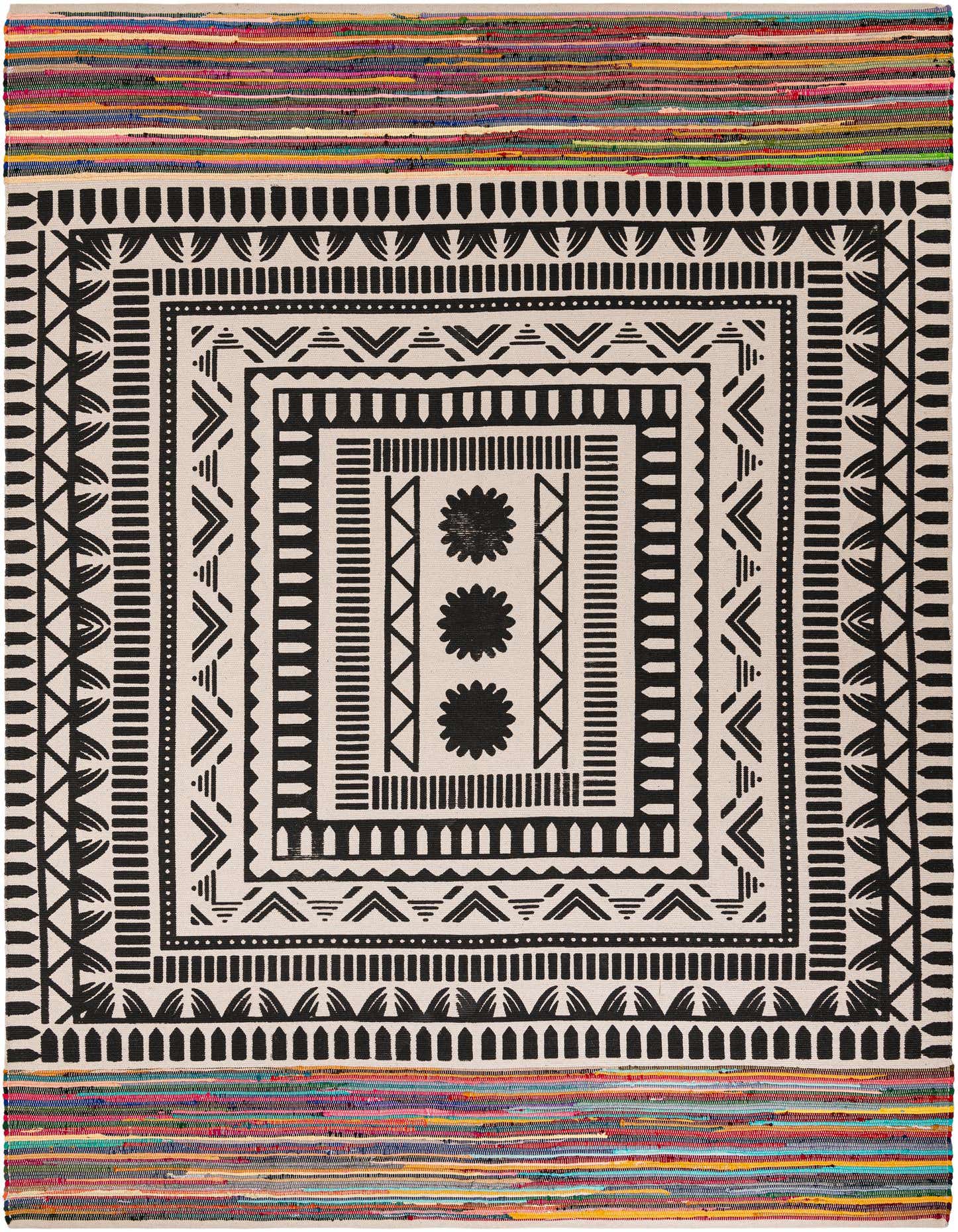 A 9x12 rectangular Chindi Cotton rug featuring a bold black and white geometric pattern with a vibrant multi-colored striped border, suitable for a living room.