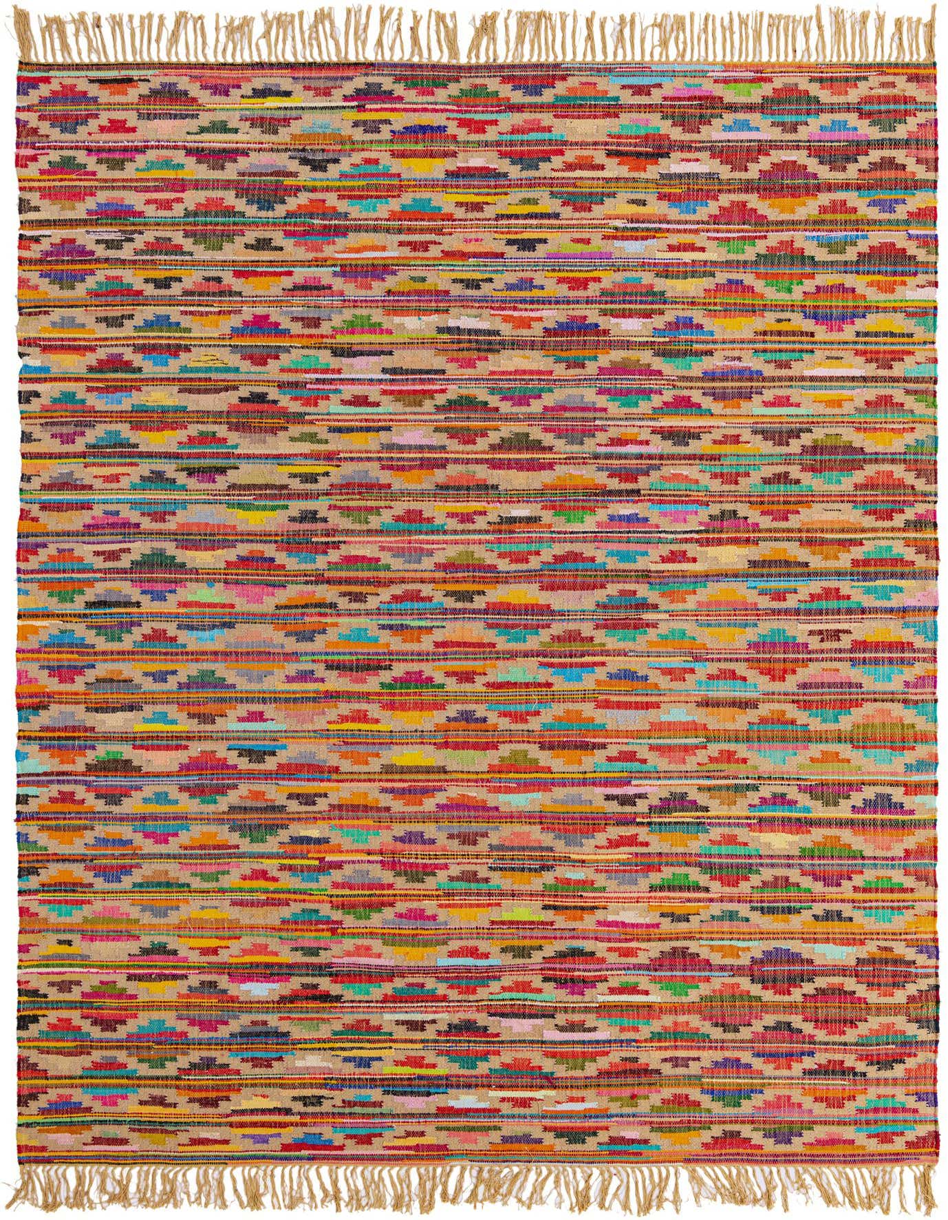 A 9x12 multi-colored rectangular Chindi Trellis rug with a bohemian geometric pattern and fringed ends.