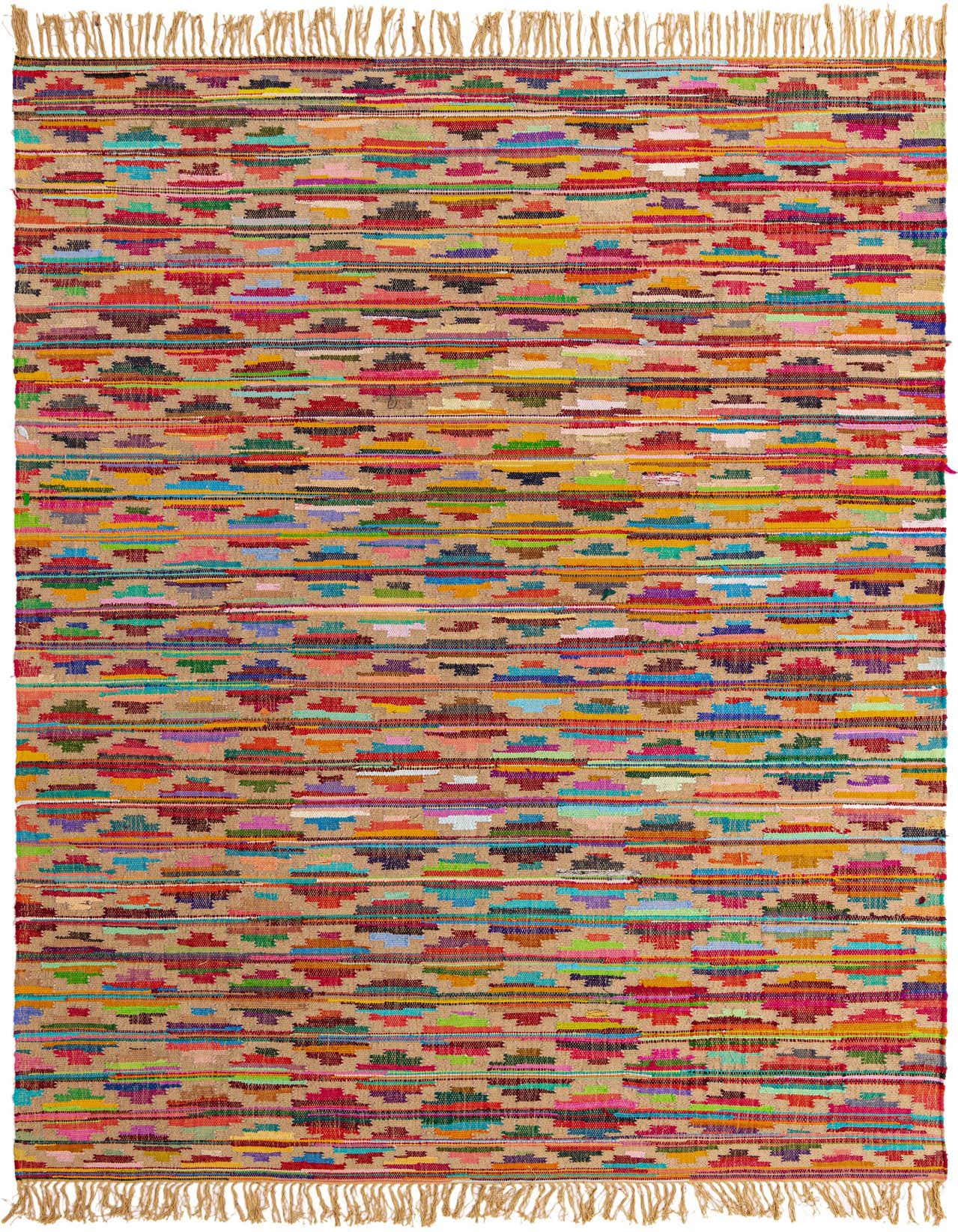 A rectangular 8x11 multi-colored Chindi Trellis rug with a bohemian pattern and fringe, made from cotton and jute.