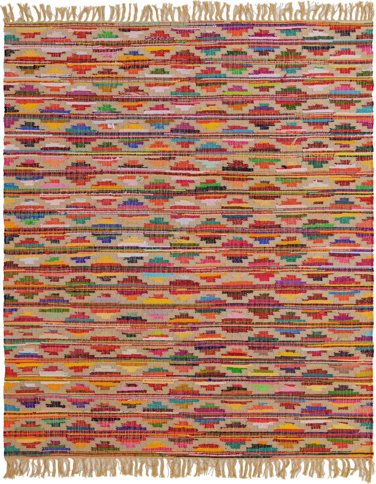 A 7x10 rectangular multi-colored Chindi Trellis rug with a bohemian pattern and fringe, made from recycled materials.