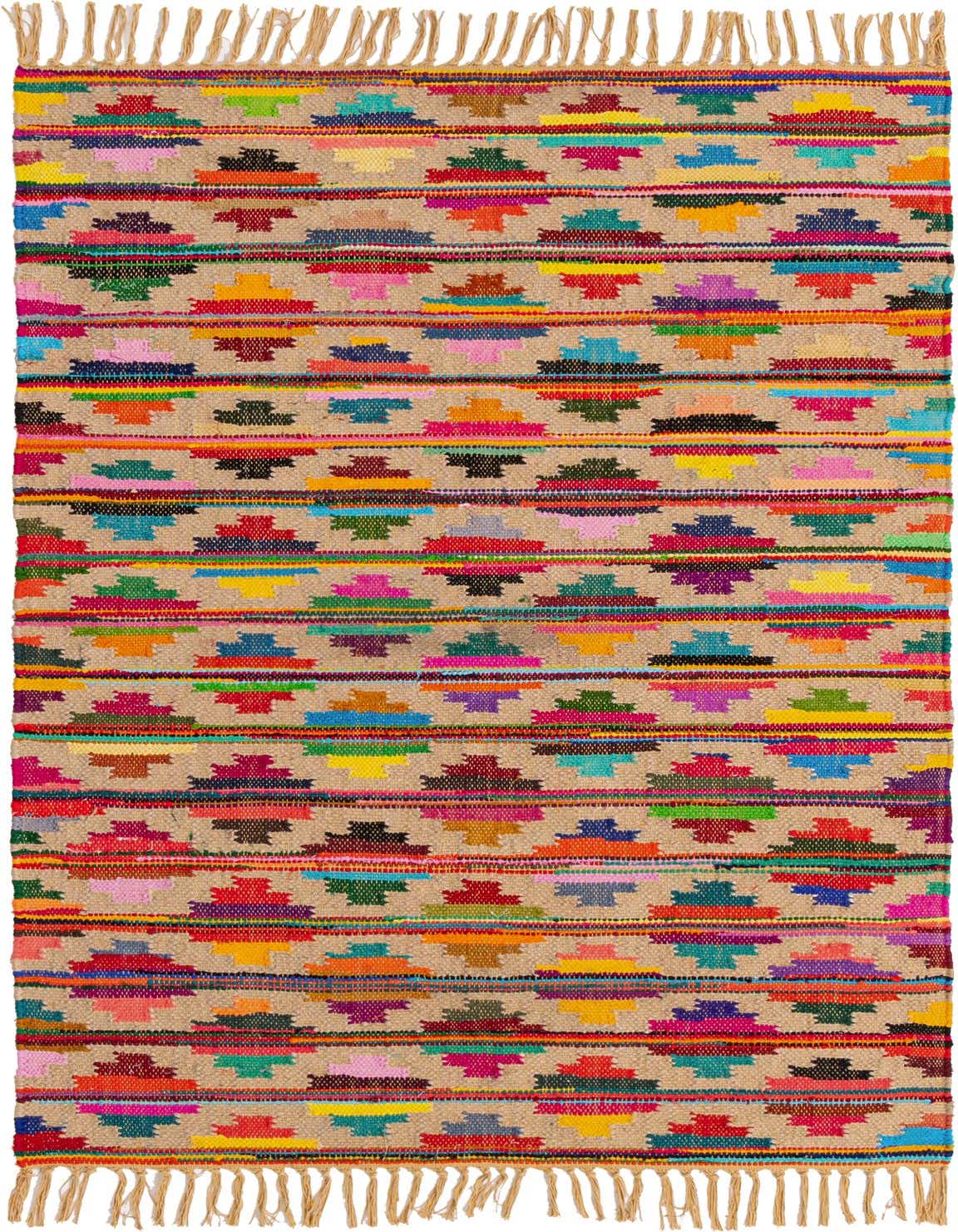 A 4x6 rectangular multi-colored Chindi Trellis rug with a bohemian geometric pattern and fringed edges.