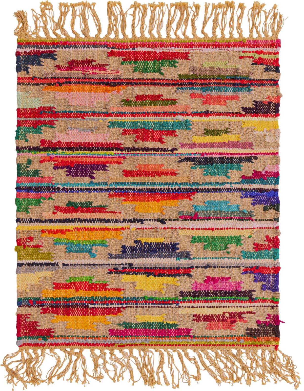 A 2x3 rectangular Chindi Trellis rug featuring a vibrant multi-colored striped pattern with a natural jute background and fringed ends.
