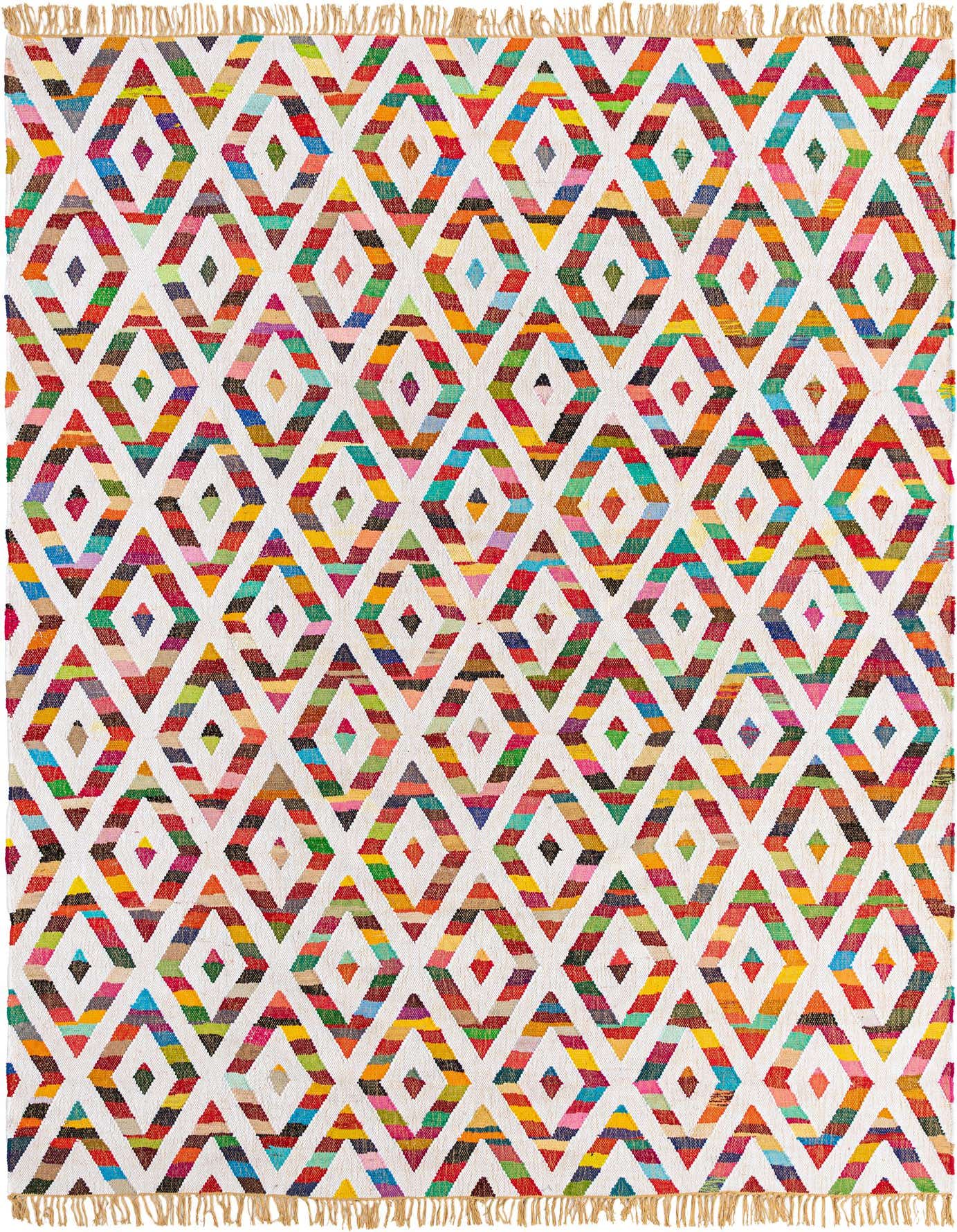 A 9x12 rectangular Chindi Trellis rug with a vibrant multi-colored diamond pattern on a white background, featuring fringe.