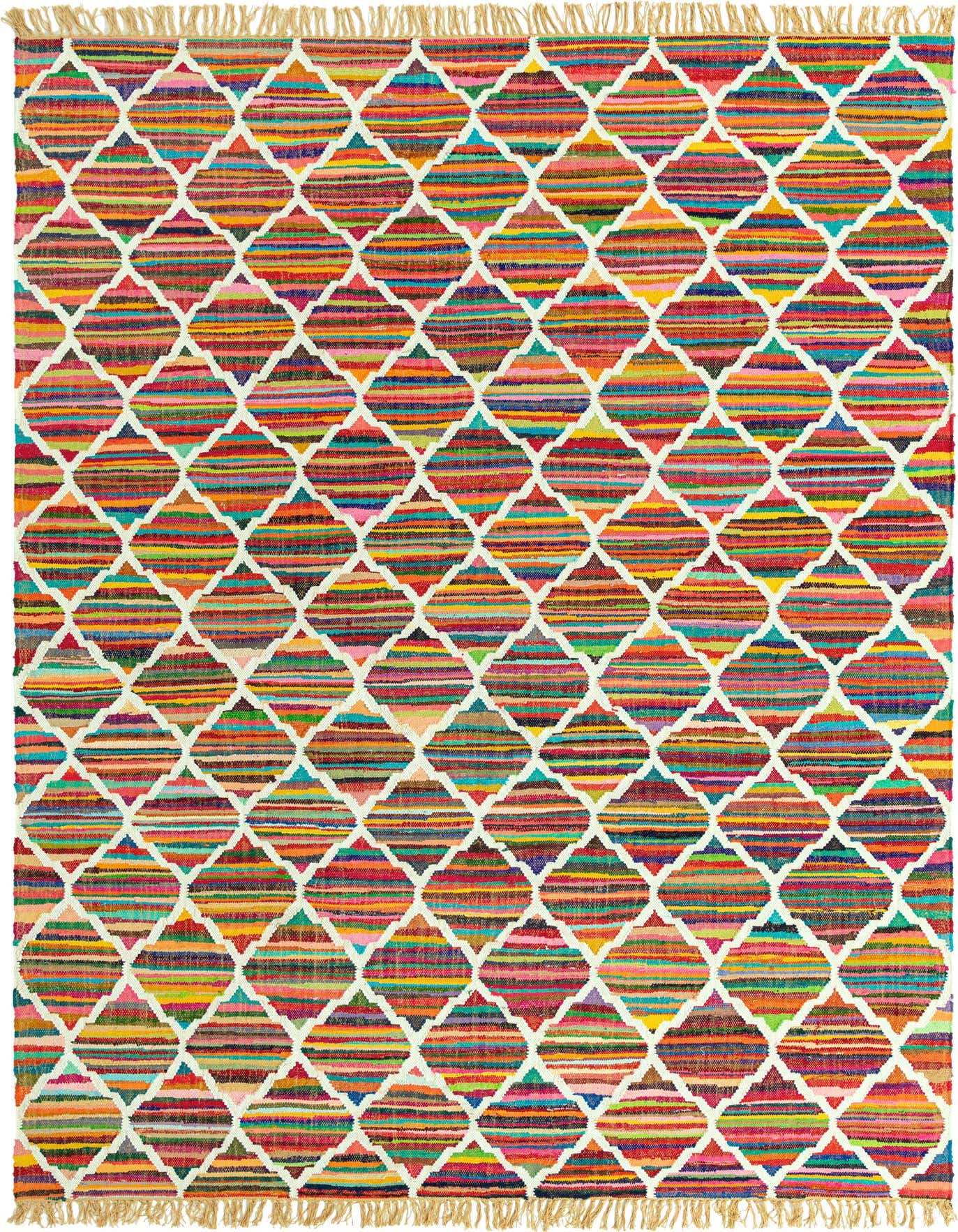 A vibrant 9x12 multi-colored rectangular Chindi Trellis rug with a white Moroccan trellis pattern over horizontal stripes.