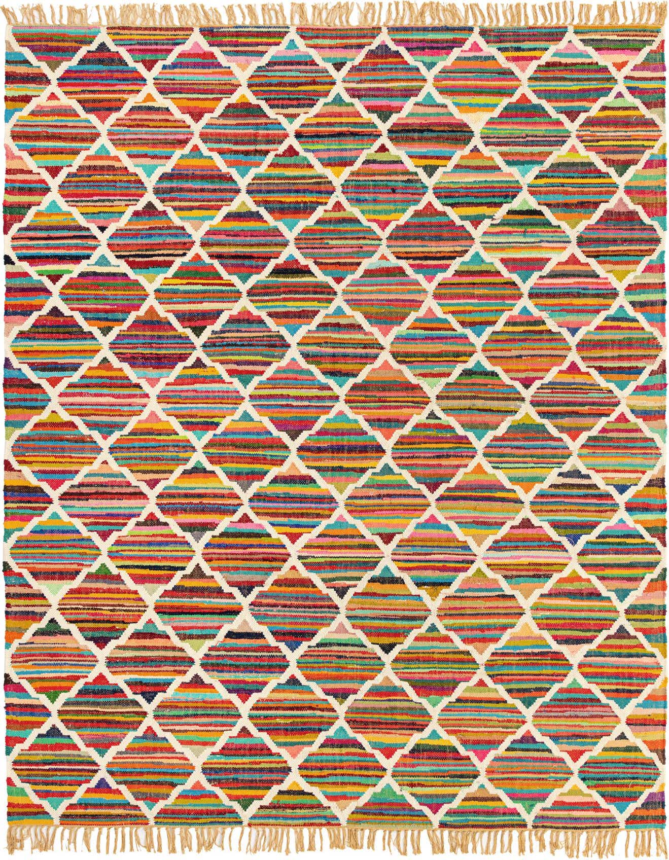 A vibrant 8x11 multi-colored rectangular Chindi Trellis rug with a white geometric diamond pattern and fringe.