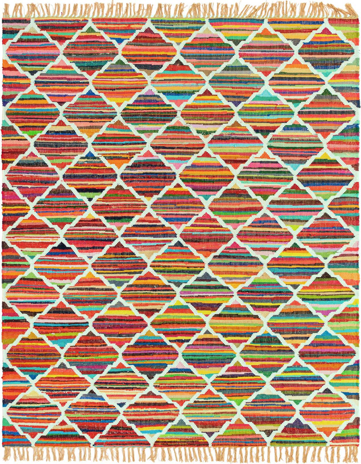 A vibrant 7x10 multi-colored Chindi Trellis rug with a geometric pattern and light fringe, ideal for a living room.