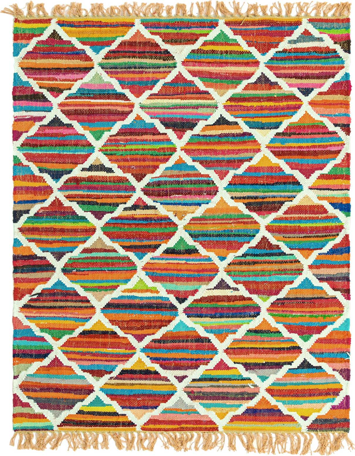 A vibrant 4x6 multi-colored cotton rug with a trellis pattern, featuring a flatweave texture and fringe.