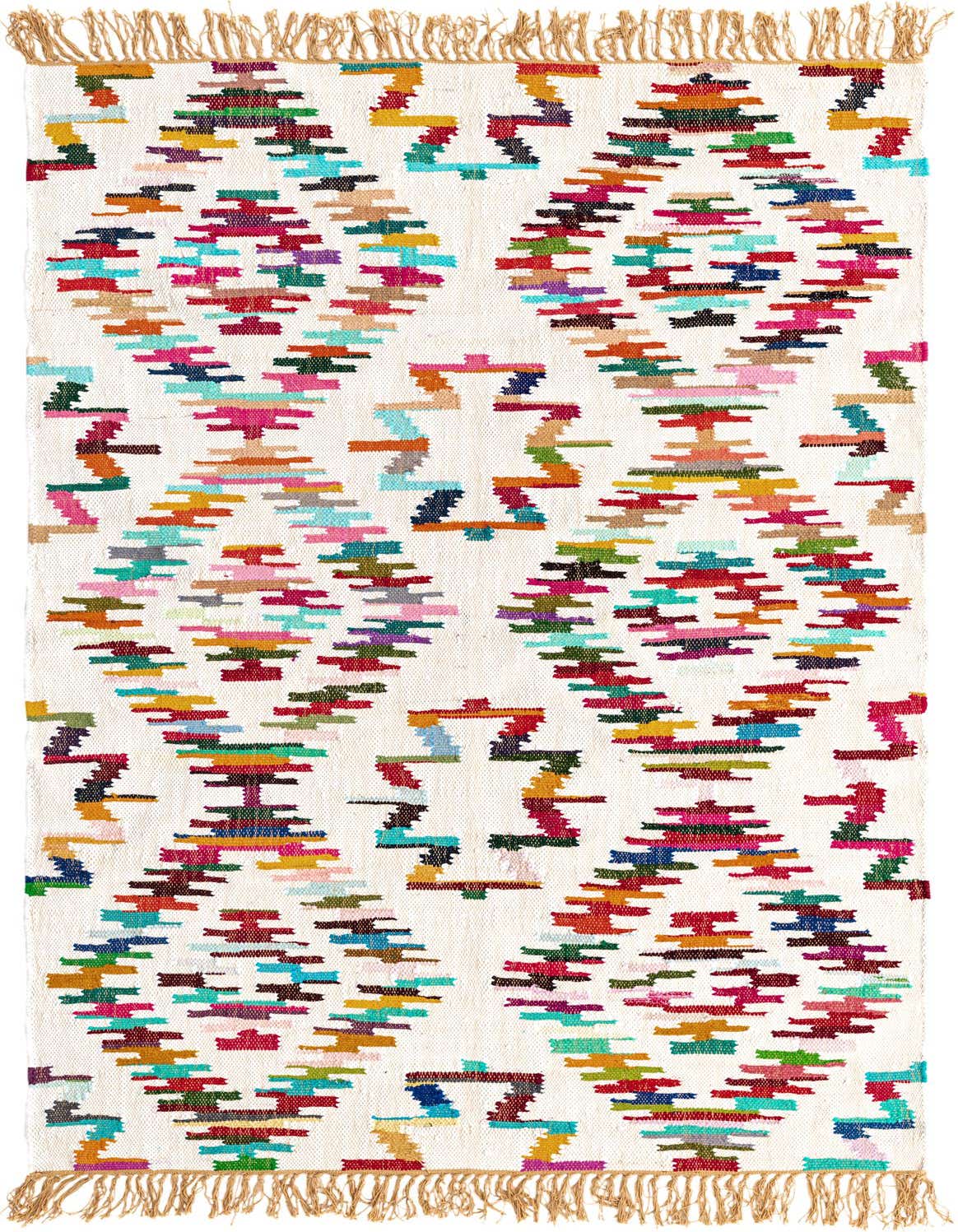 A 5x8 rectangular Chindi Trellis rug with a multi-colored geometric pattern on a white background, featuring fringed ends.