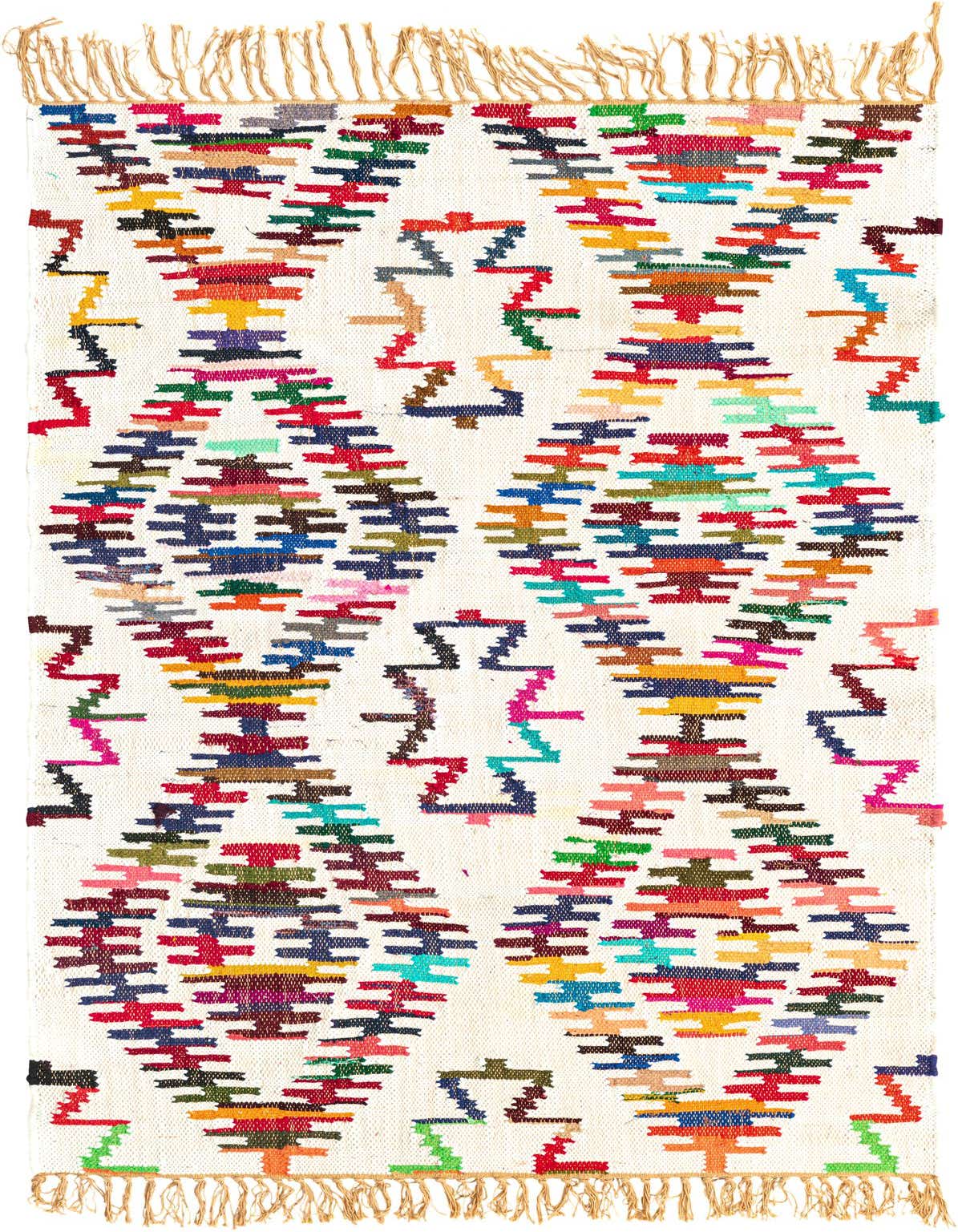 A 4x6 rectangular Chindi Trellis rug with a multi-colored tribal pattern on a white background, featuring natural fringe.