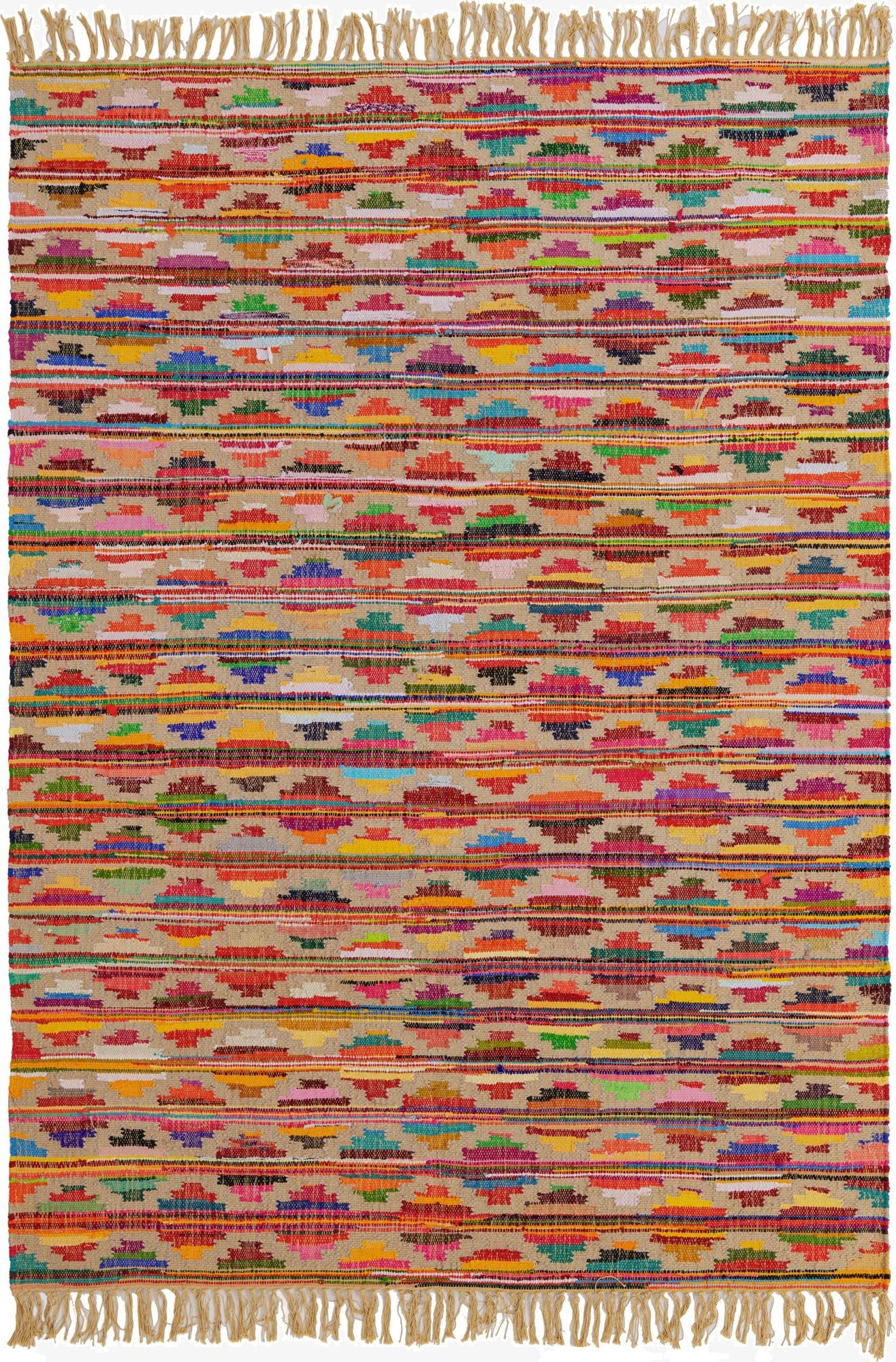 A 7x10 rectangular multi-colored Chindi Trellis rug with a bohemian pattern and fringe, made from recycled materials.