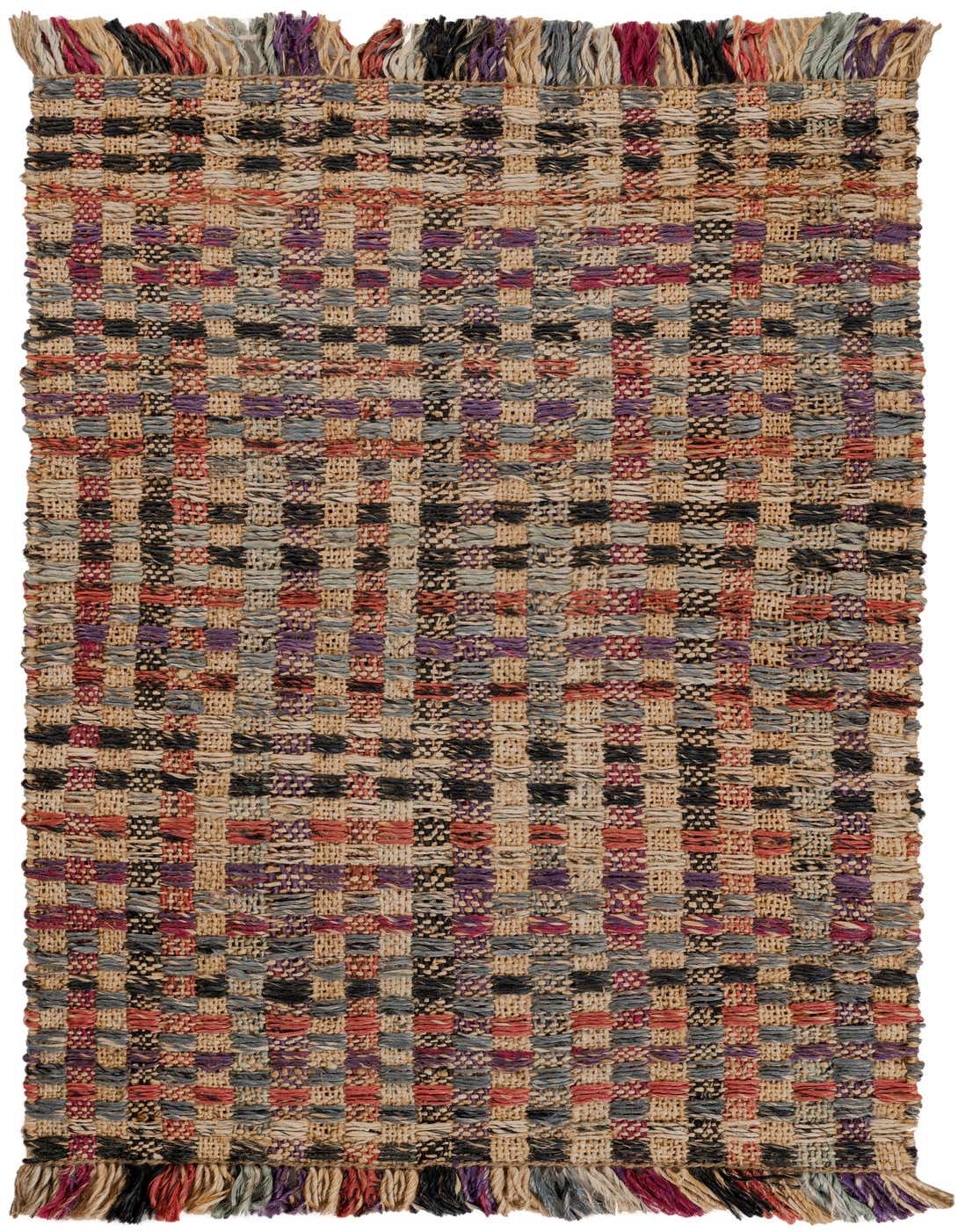 A 3x5 rectangular Chunky Jute rug featuring a multi-colored modern checkered pattern with fringes, suitable for indoor spaces.