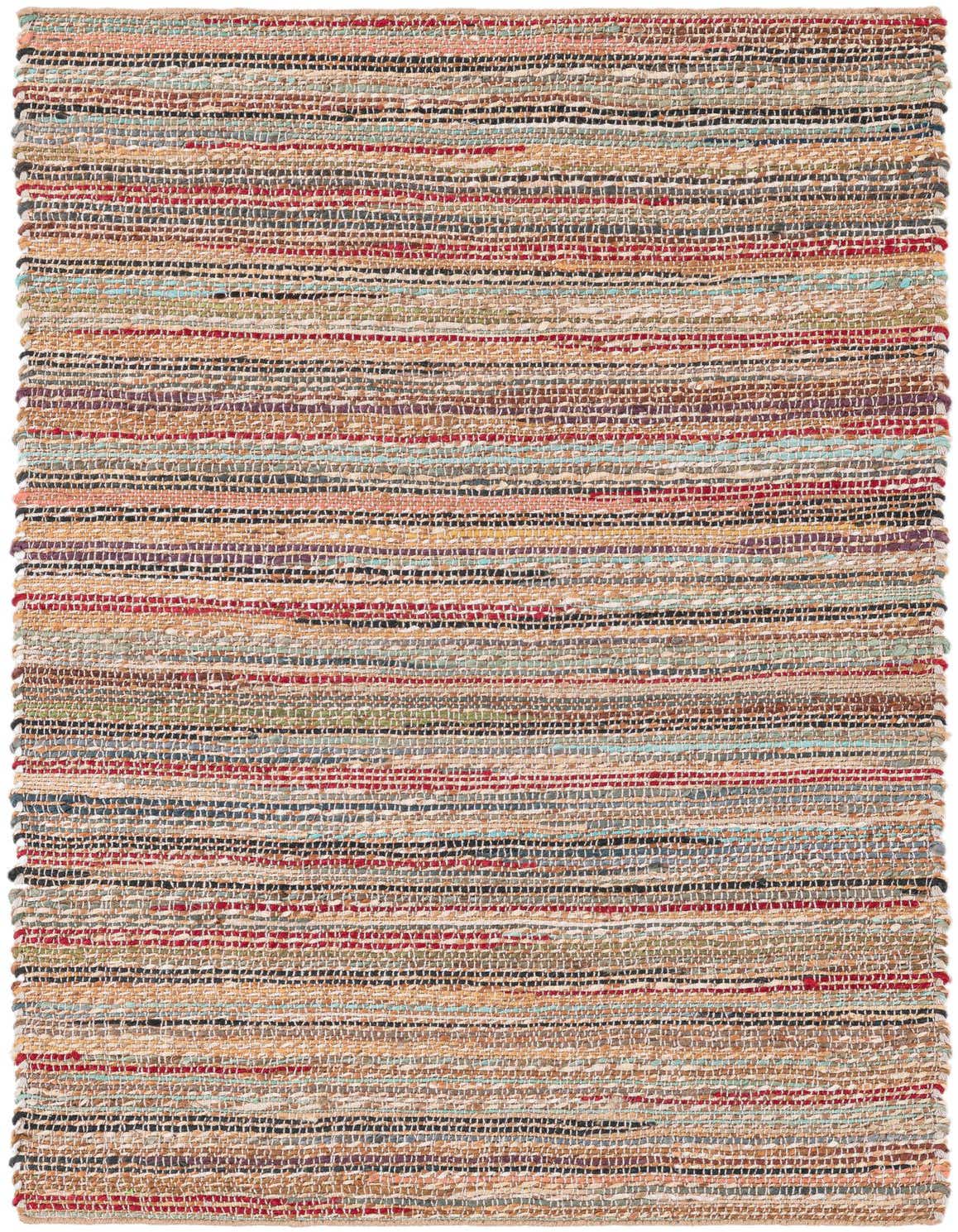 A 3x5 rectangular Chunky Jute rug featuring multi-colored horizontal stripes in various natural and vibrant hues, perfect for an entryway.