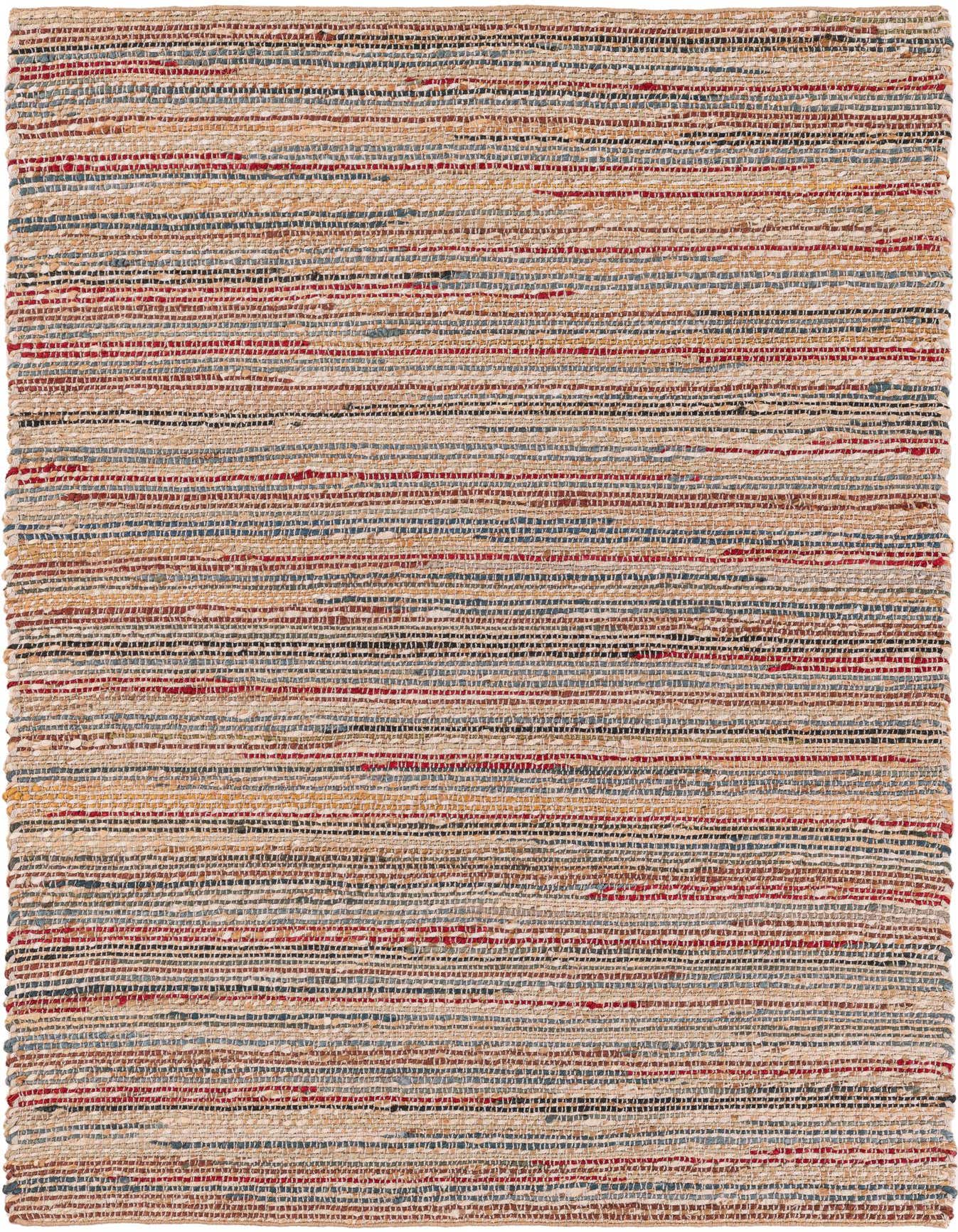 A 4x6 rectangular Chunky Jute rug featuring a multi-colored abstract striped pattern with natural tones, red, and blue.
