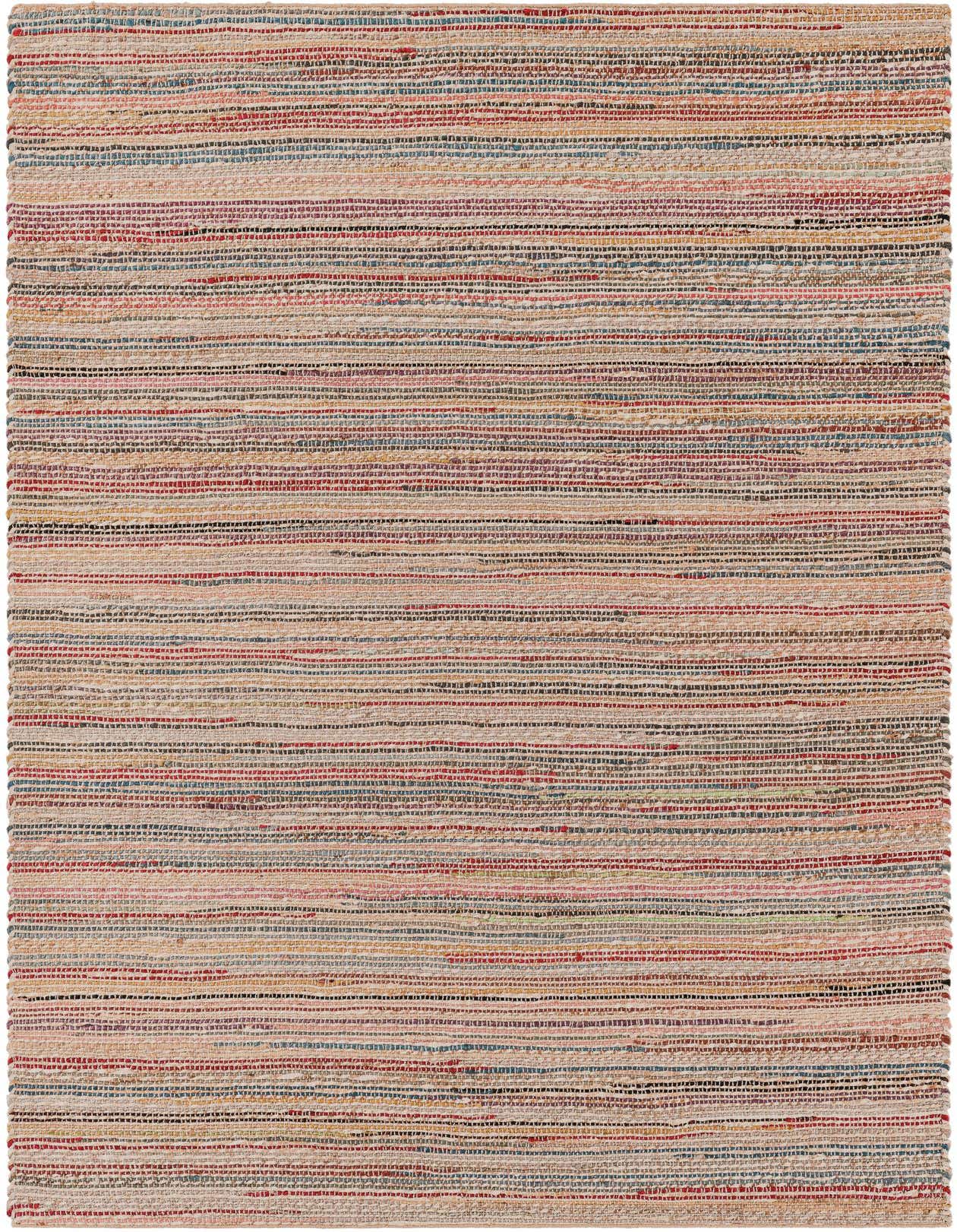 A 5x8 rectangular Chunky Jute rug featuring a modern striped pattern with multi-colored threads on a natural background.