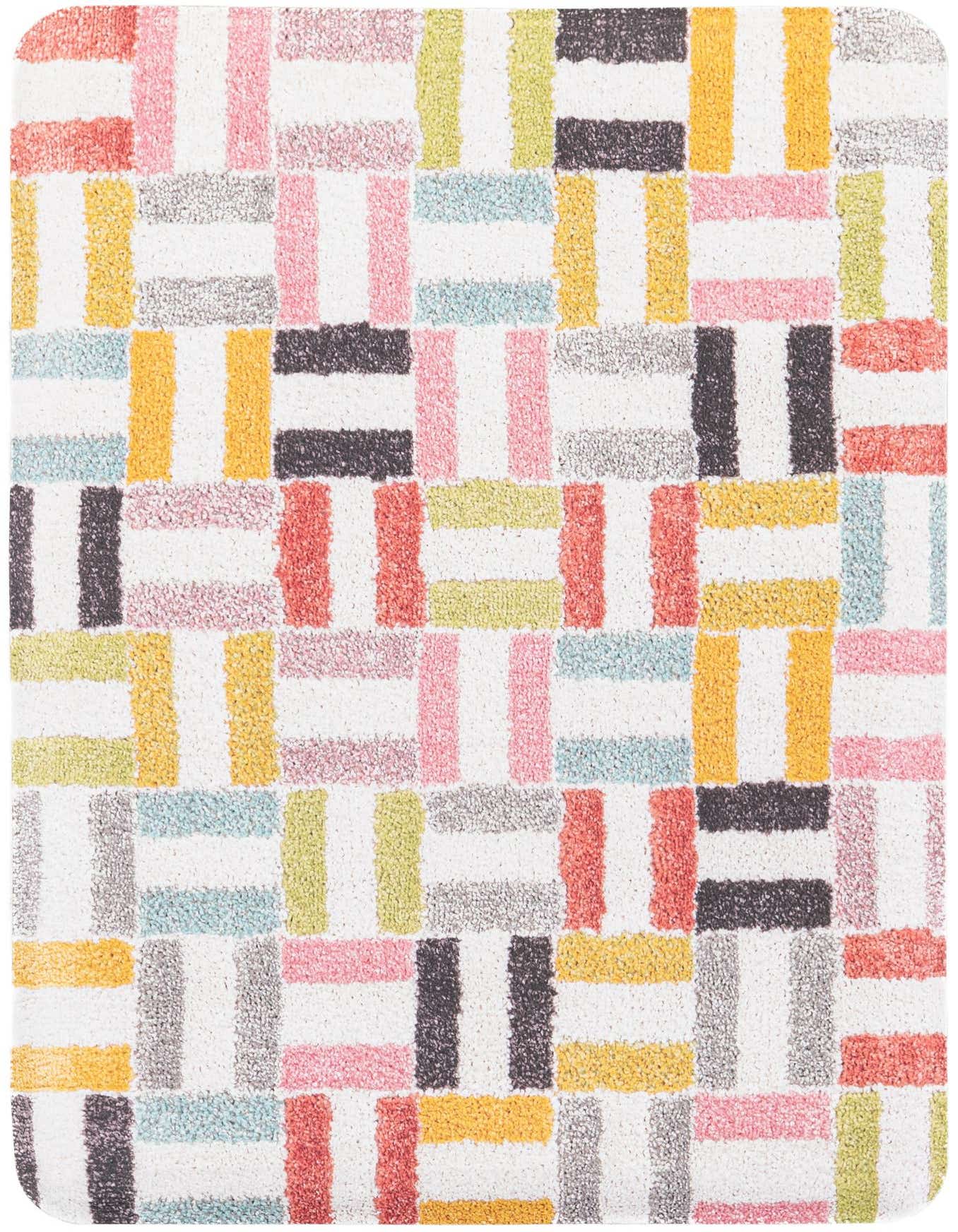 A 2x3 rectangular multi-colored modern rug with a high pile, featuring a playful geometric pattern of pink, yellow, blue, red, and grey blocks on a white background.