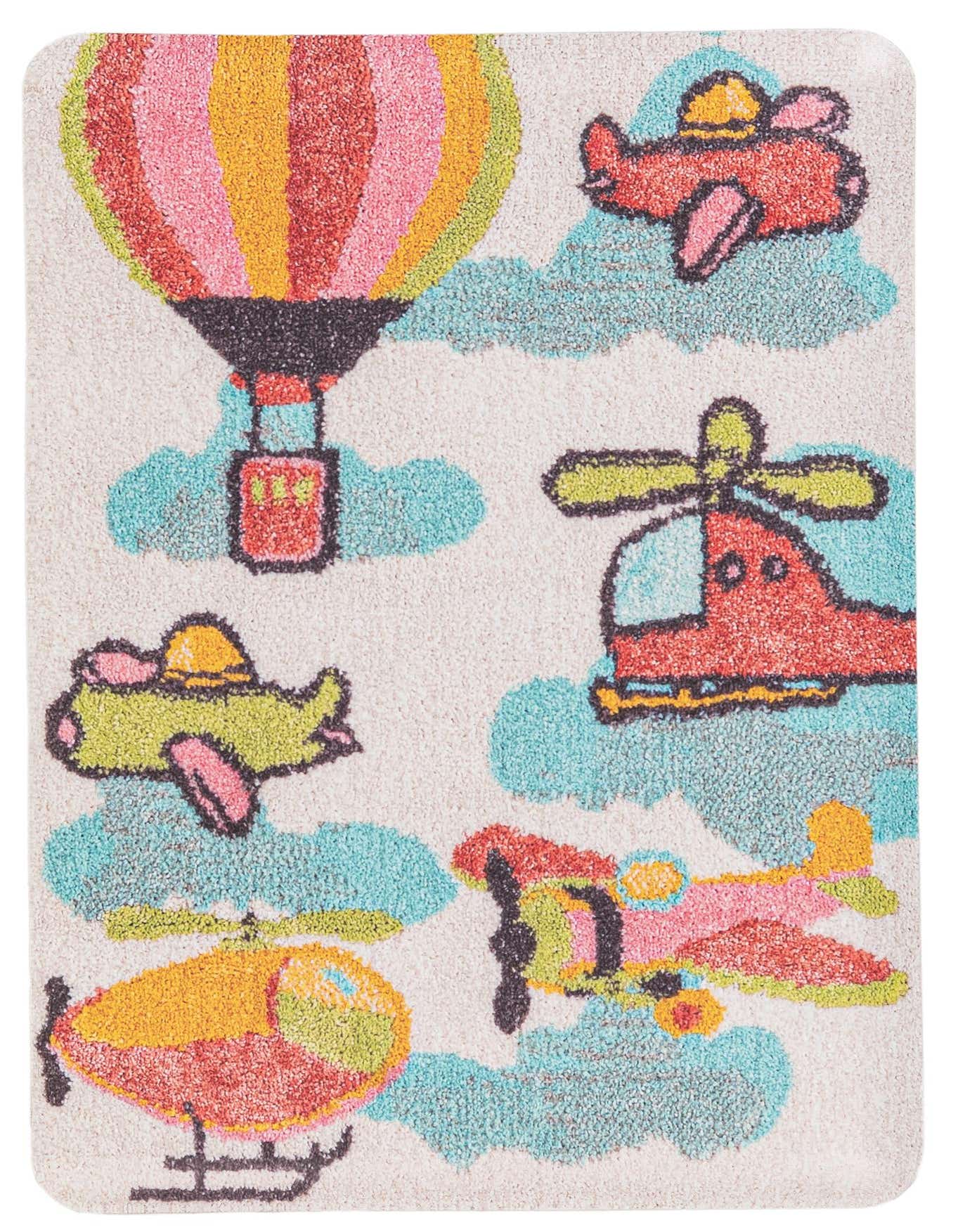 A 2x3 rectangular multi-colored rug featuring a playful modern design with hot air balloons, airplanes, and helicopters on a light background, ideal for a child's room.