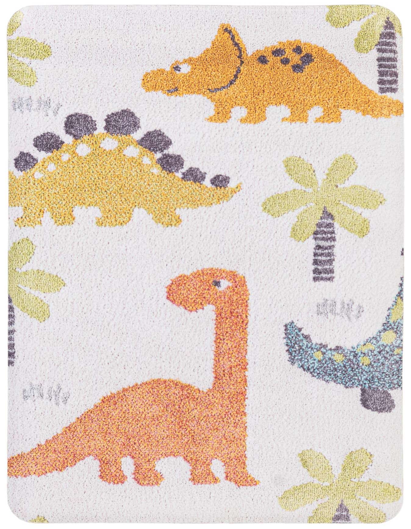A 2x3 rectangular multi-colored rug featuring a modern dinosaur and palm tree pattern, ideal for a kid's room.