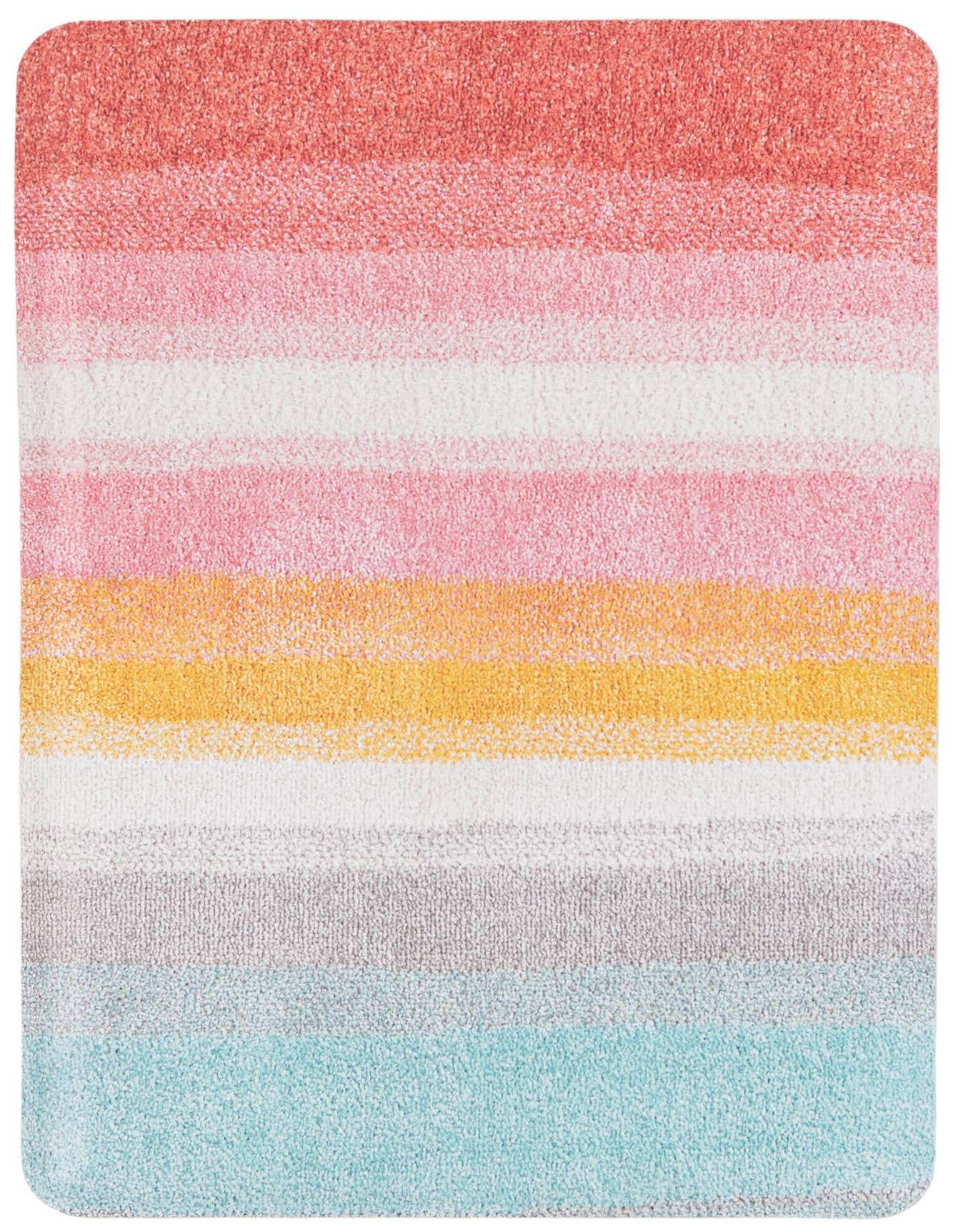 A 2x3 rectangular modern rug featuring horizontal stripes in shades of coral, pink, white, yellow, gray, and light blue.