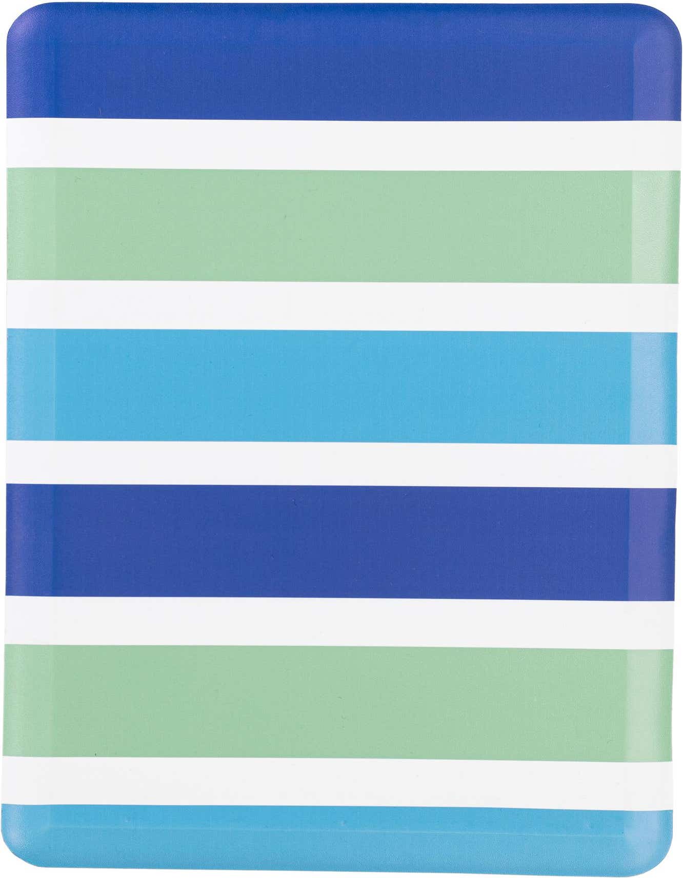 A 2x3 rectangular Rugs.com Comfort Mat with bold stripes in shades of blue, green, and white.