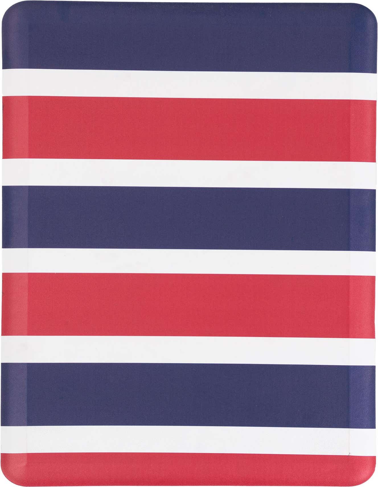 A 2x3 rectangular Comfort Mat with bold horizontal stripes in navy blue, red, and white.