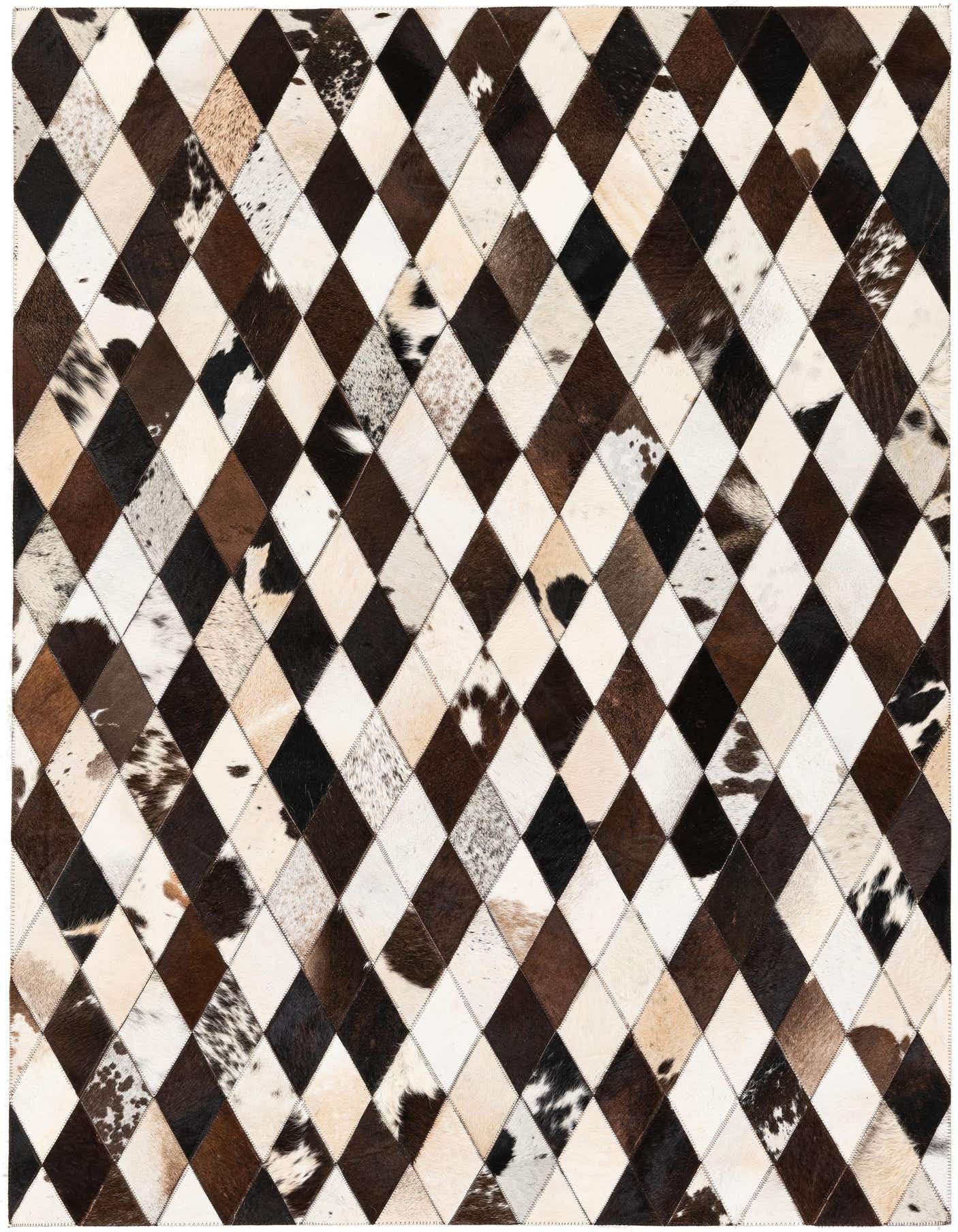 A 4x6 rectangular cowhide rug featuring a modern diamond pattern in various shades of brown, black, and white.