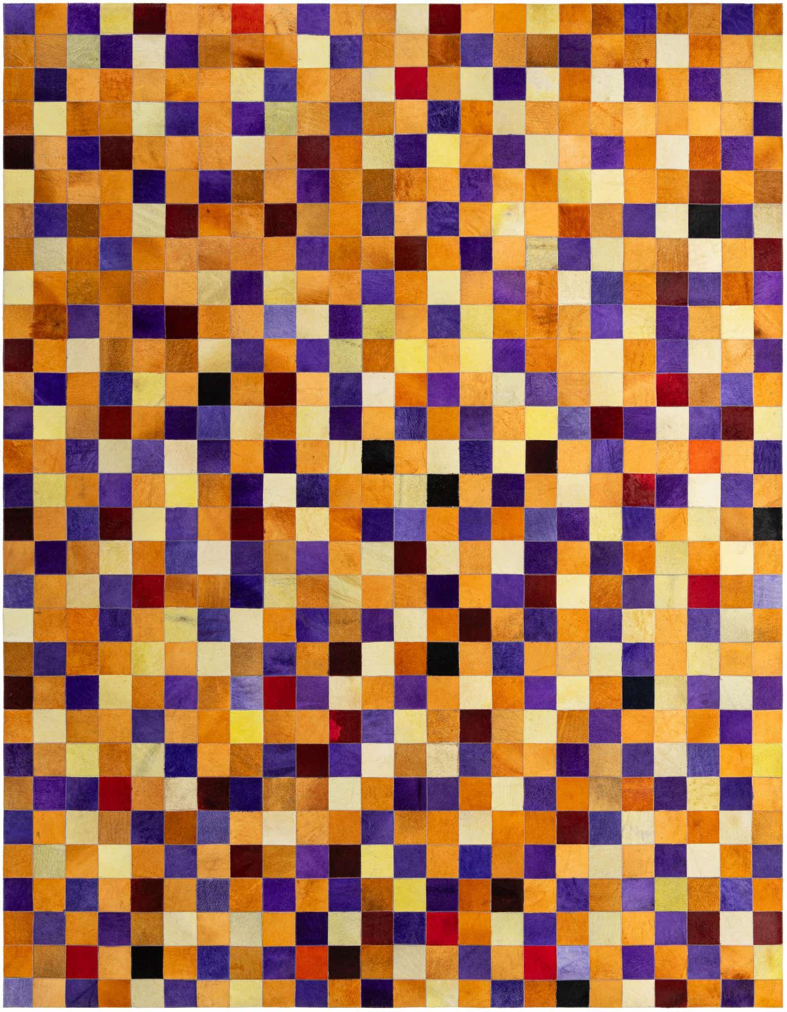 A vibrant 8x10 rectangular modern patchwork rug made from multi-colored cowhide and leather squares, ideal for a living room.