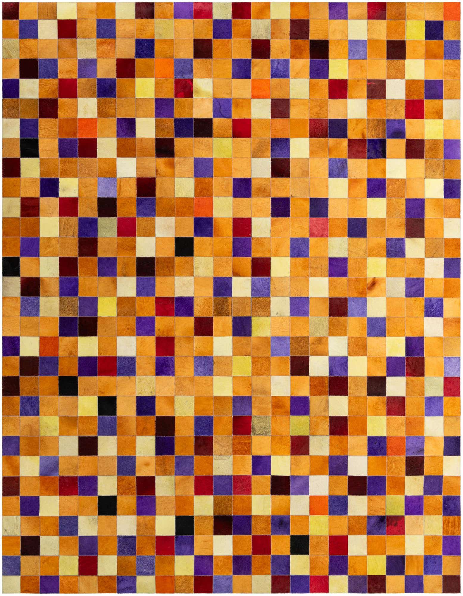 A rectangular 8x10 multi-colored cowhide patchwork rug with a modern design, featuring various shades of orange, yellow, red, purple, and black squares.