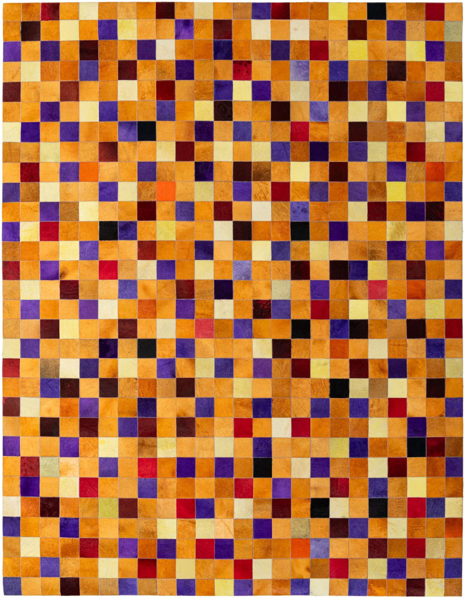A rectangular 8x10 multi-colored modern cowhide rug with a patchwork pattern of various shades of orange, yellow, purple, red, and black squares.