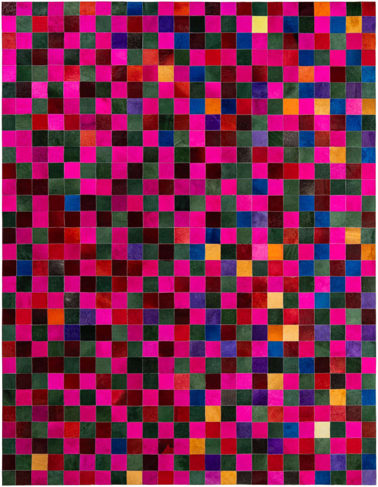 A vibrant 8x10 rectangular patchwork rug made from cowhide and leather, featuring a modern design with squares in hot pink, dark green, blue, red, orange, and purple hues.