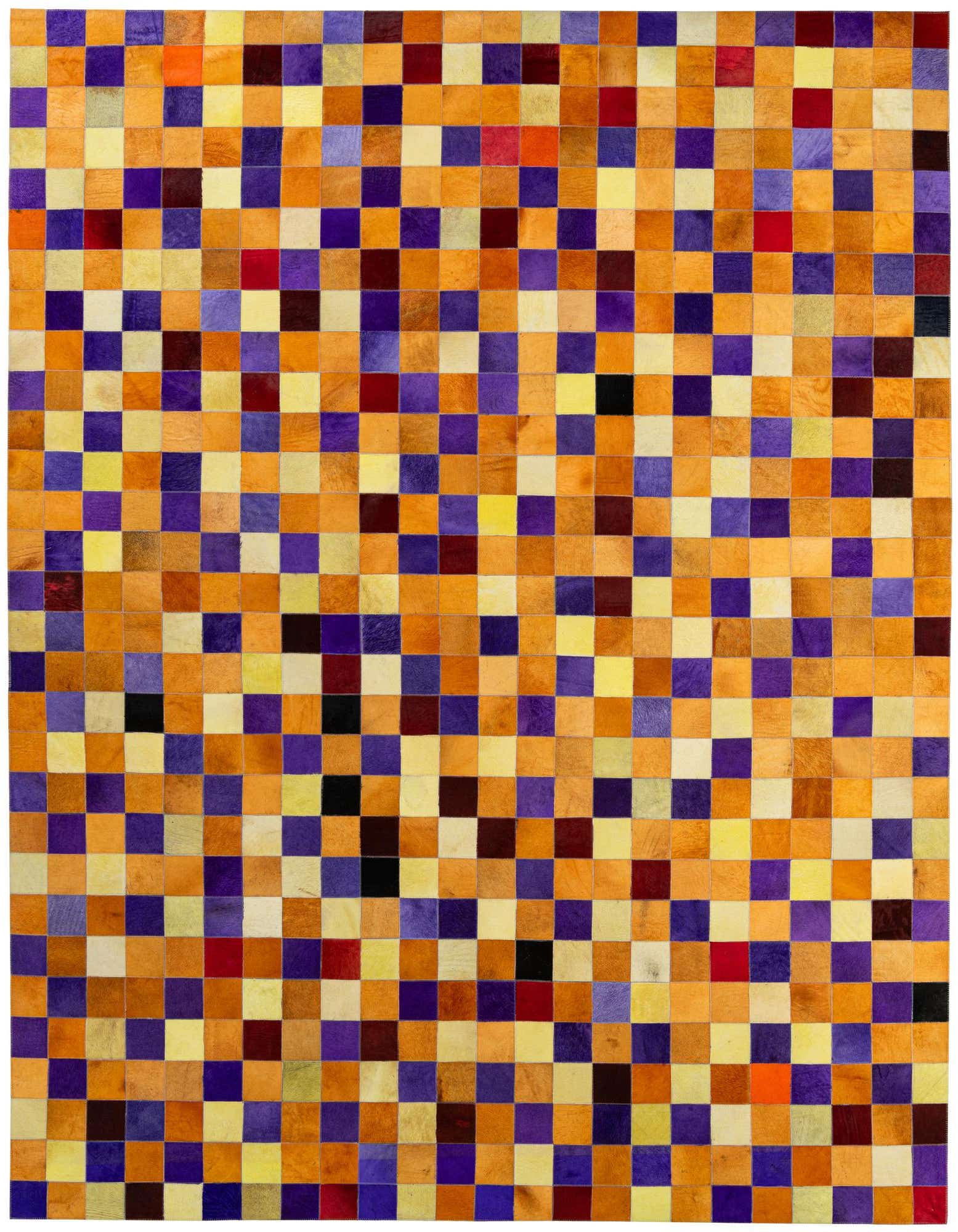 A vibrant 8x10 rectangular patchwork cowhide rug with squares of purple, orange, yellow, red, and black.