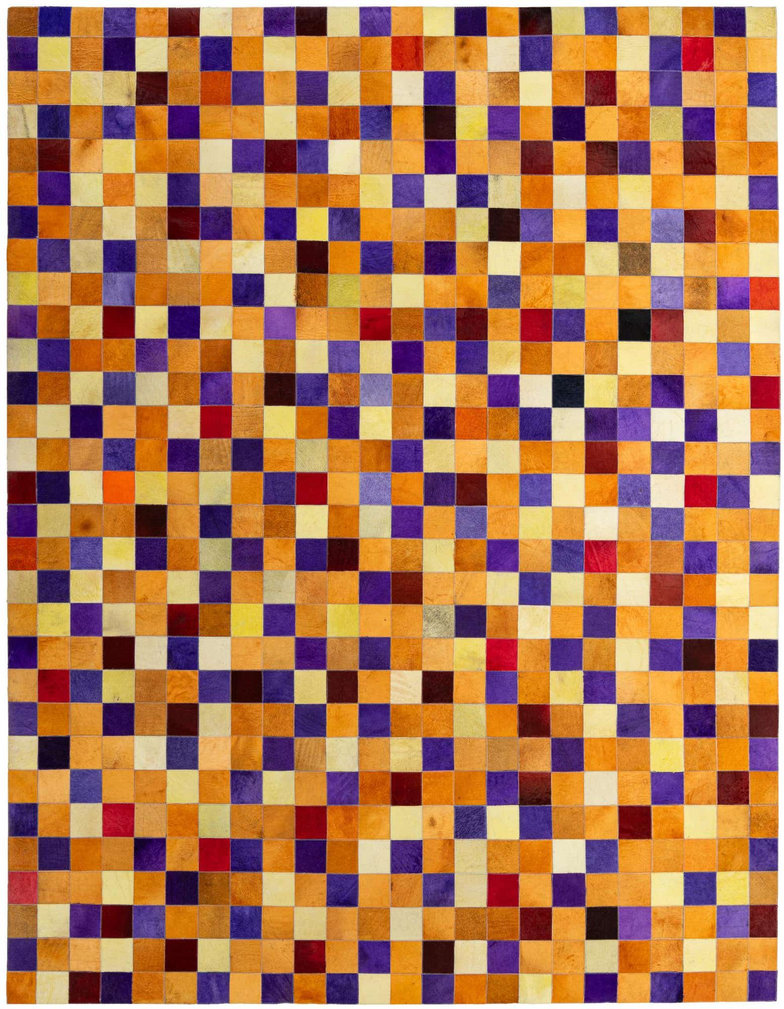 A rectangular 8x10 multi-colored cowhide patchwork rug featuring a modern grid pattern of orange, yellow, purple, and red squares.