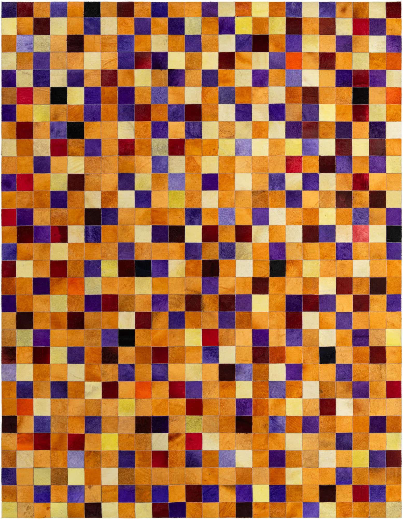 A rectangular 8x10 multi-colored modern patchwork cowhide rug, featuring a grid of orange, purple, yellow, and red squares.