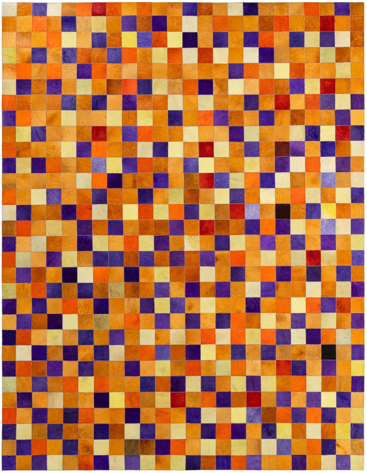 A rectangular 8x10 multi-colored modern cowhide rug with a patchwork design of orange, purple, yellow, and red squares.