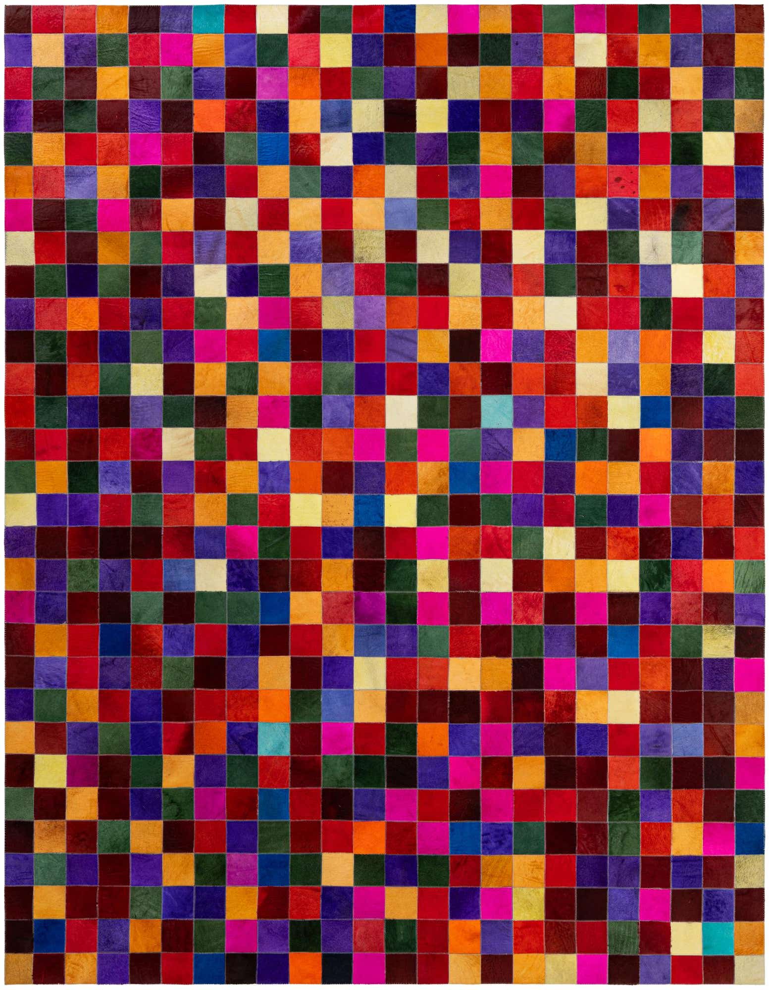 A vibrant 8x10 rectangular rug featuring a modern patchwork design of multi-colored cowhide and leather squares.