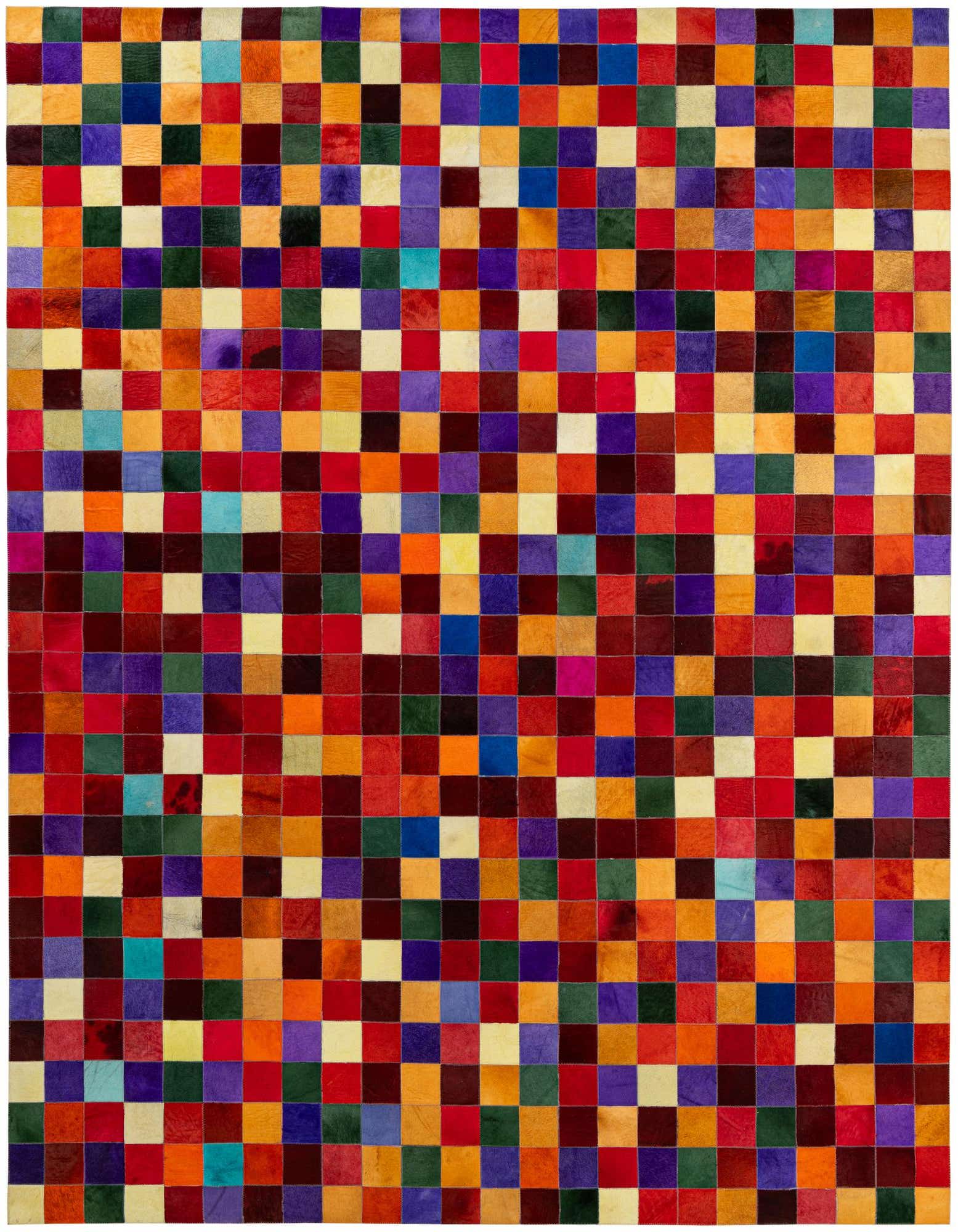 A vibrant 8x10 rectangular patchwork cowhide rug, featuring a grid of multi-colored squares in various shades of red, orange, yellow, blue, green, and purple, suitable for a modern living room.