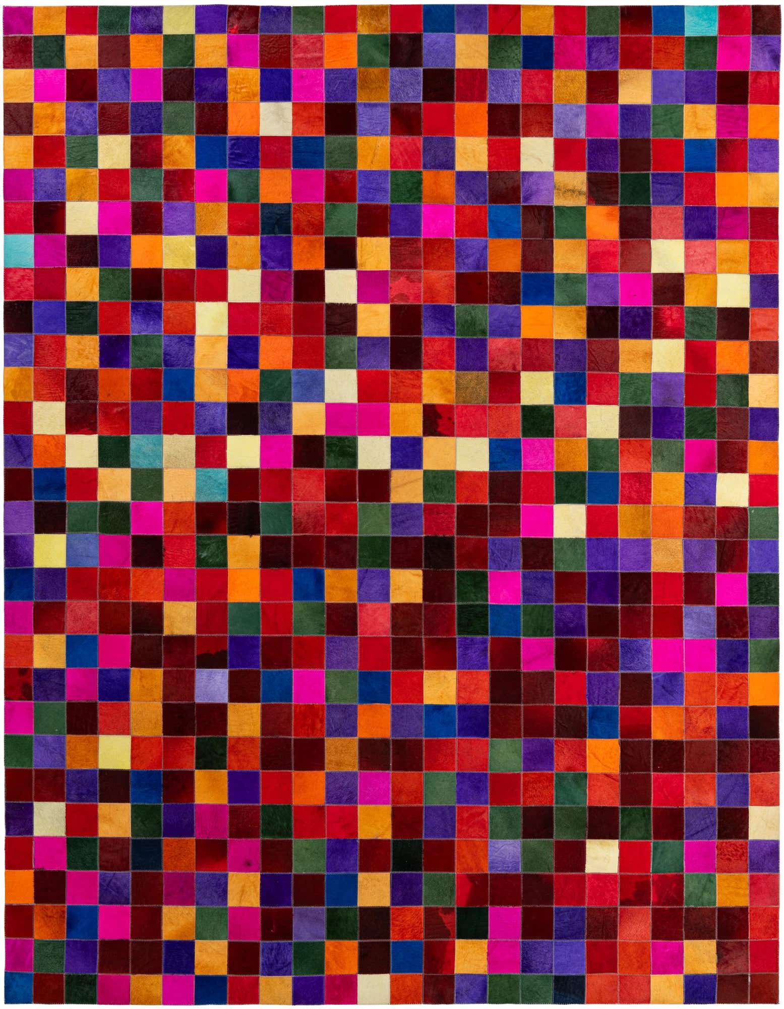 A vibrant 8x10 rectangular patchwork cowhide rug featuring a grid of multi-colored squares in a modern style.