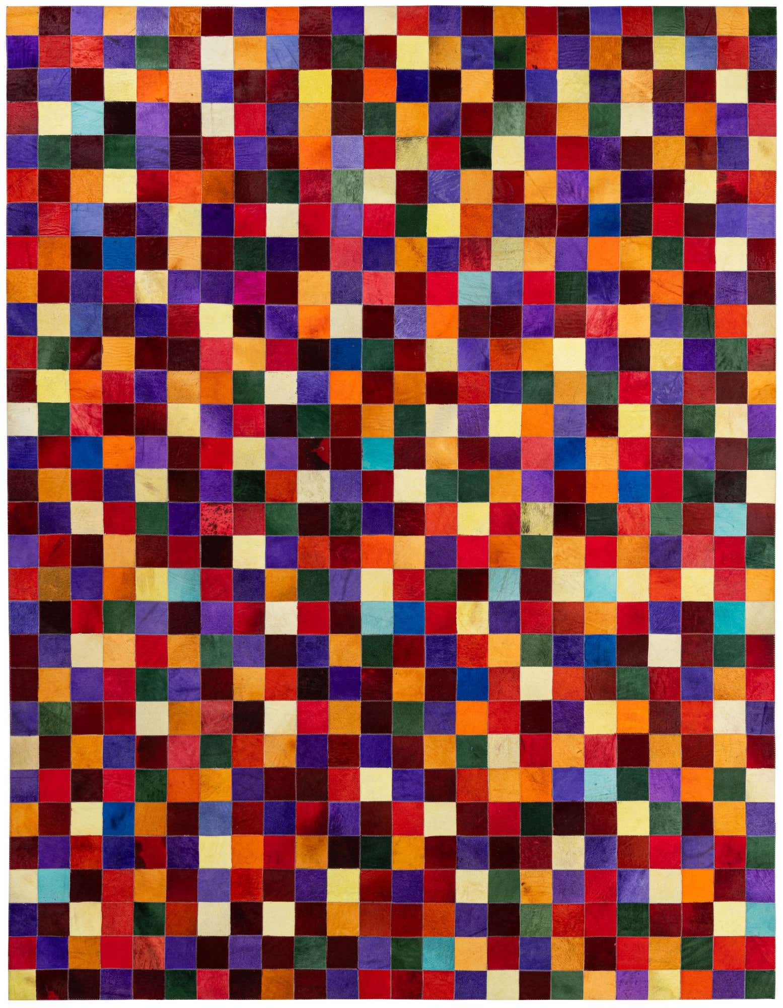 A vibrant 8x10 rectangular patchwork cowhide rug featuring a grid of multi-colored squares in a modern style.