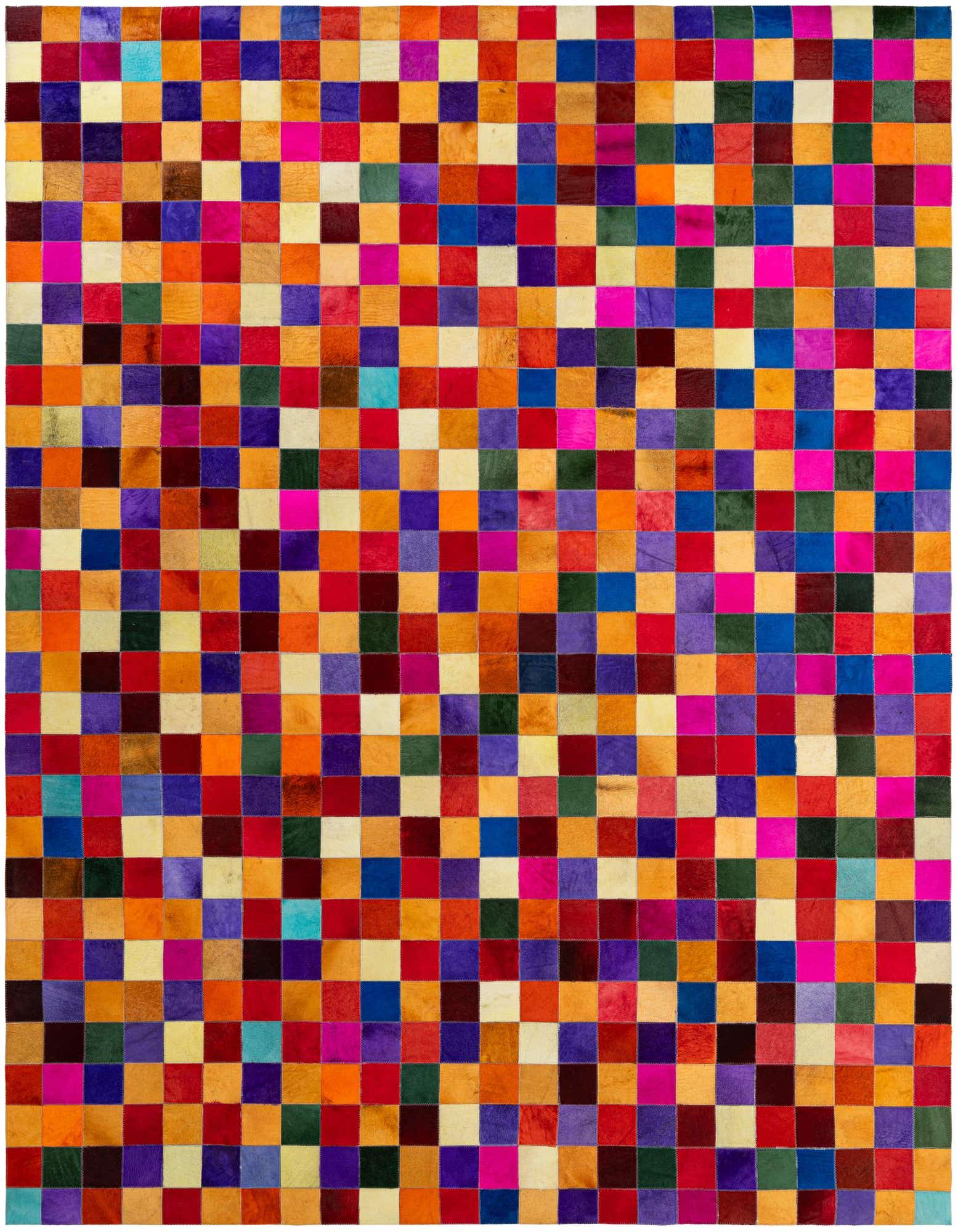 A vibrant 8x10 rectangular patchwork cowhide rug, featuring a grid of multi-colored squares in various shades of red, orange, yellow, blue, purple, and green.
