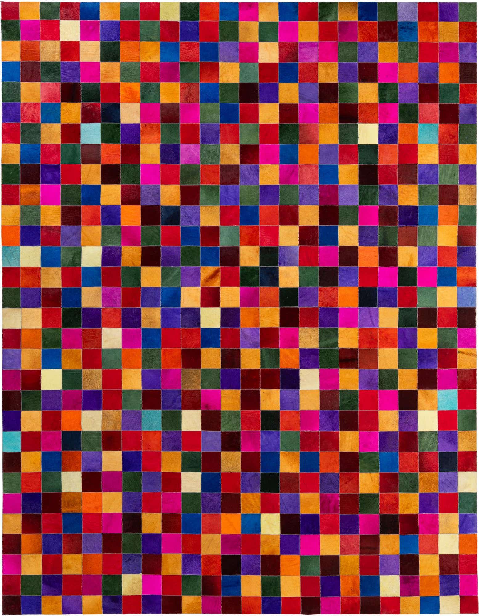 A vibrant 8x10 rectangular patchwork cowhide rug, featuring a modern grid pattern of multi-colored squares in various shades of red, orange, yellow, green, blue, and purple.