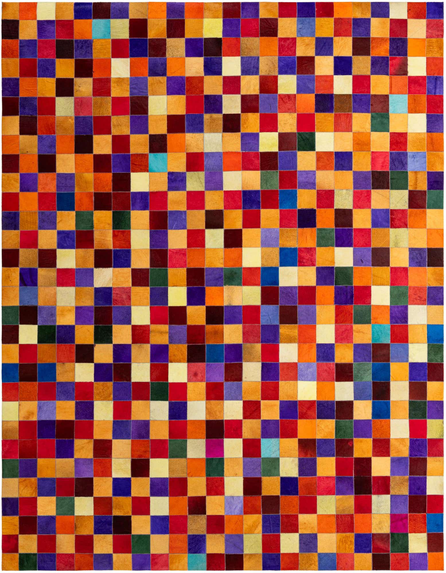 A vibrant 8x10 rectangular patchwork cowhide rug with squares of red, orange, purple, blue, yellow, and green.