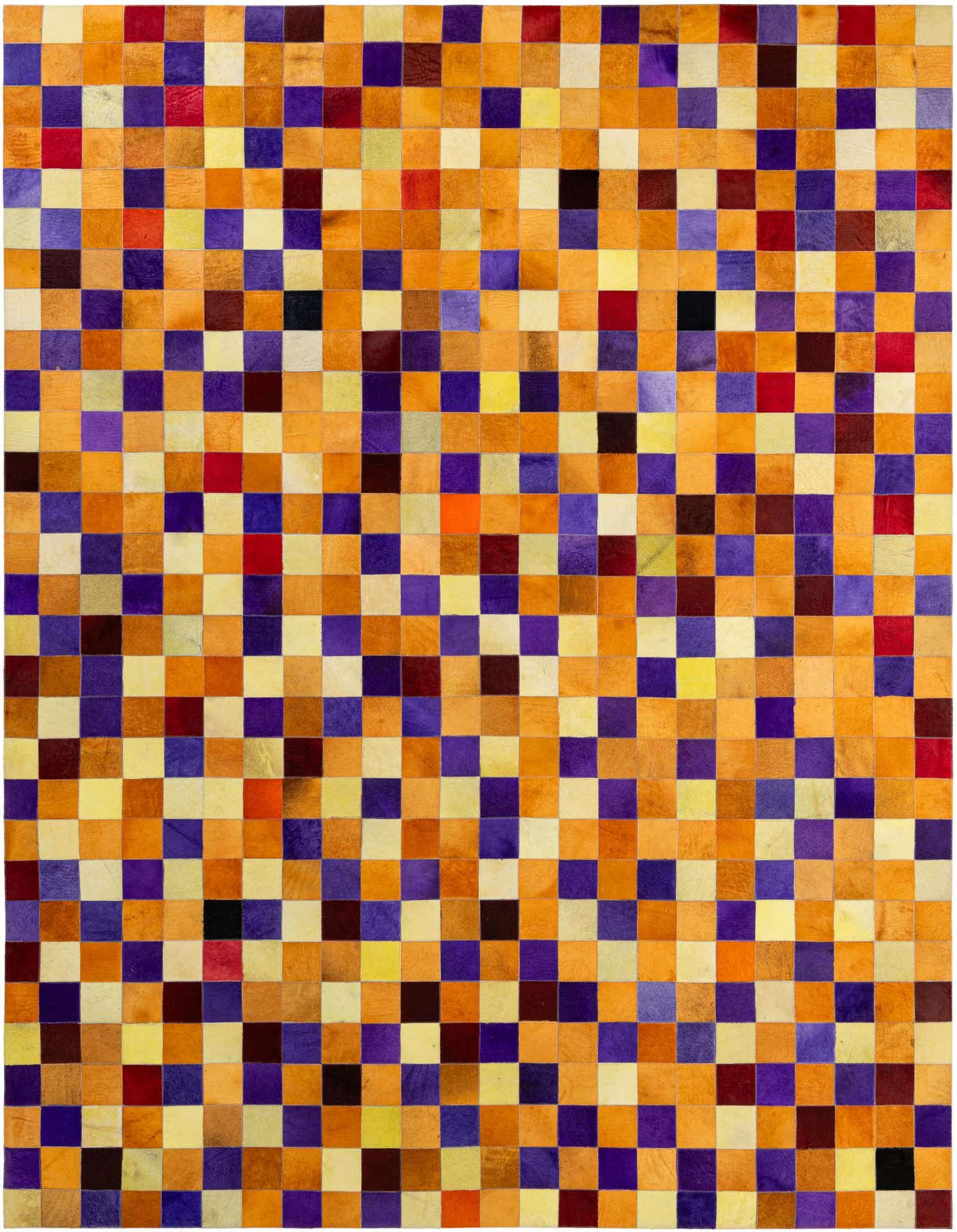 8x10 rectangular Cowhide Patchwork rug featuring a modern grid pattern of multi-colored squares in orange, purple, yellow, red, and brown.