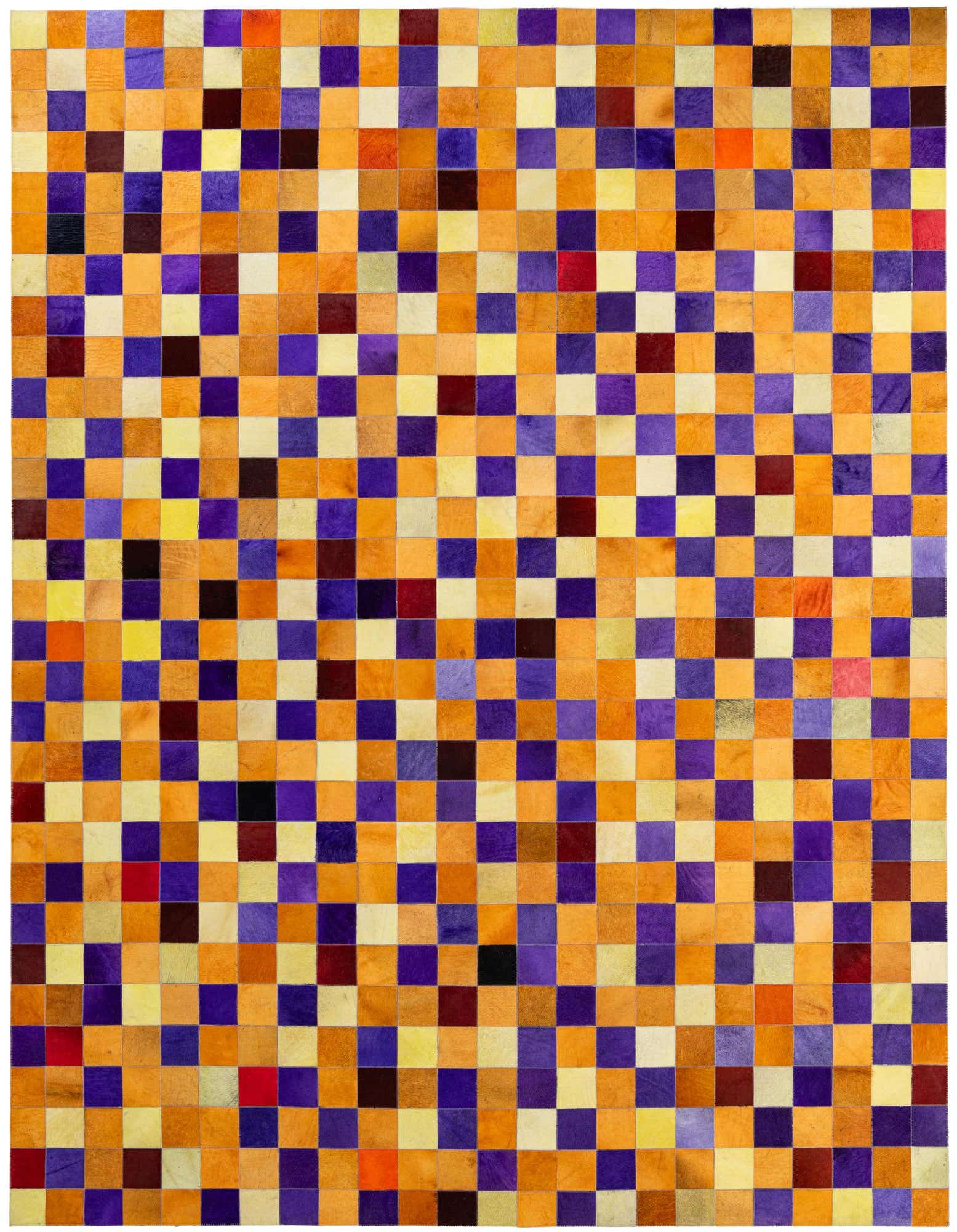 A rectangular 8x10 multi-colored modern cowhide patchwork rug featuring a vibrant checkerboard pattern of orange, yellow, purple, and red squares.